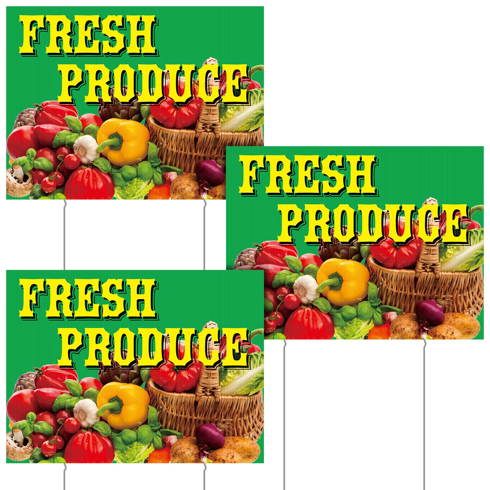 DoubleFill 3 Pcs Fresh Produce Sign with Metal Ground Stakes 12 x 16 Inch Vegetable Sign Double Sided Outdoor Yard Signs Corrugated Plastic Sign Event Signage for Outdoors Business (Green)