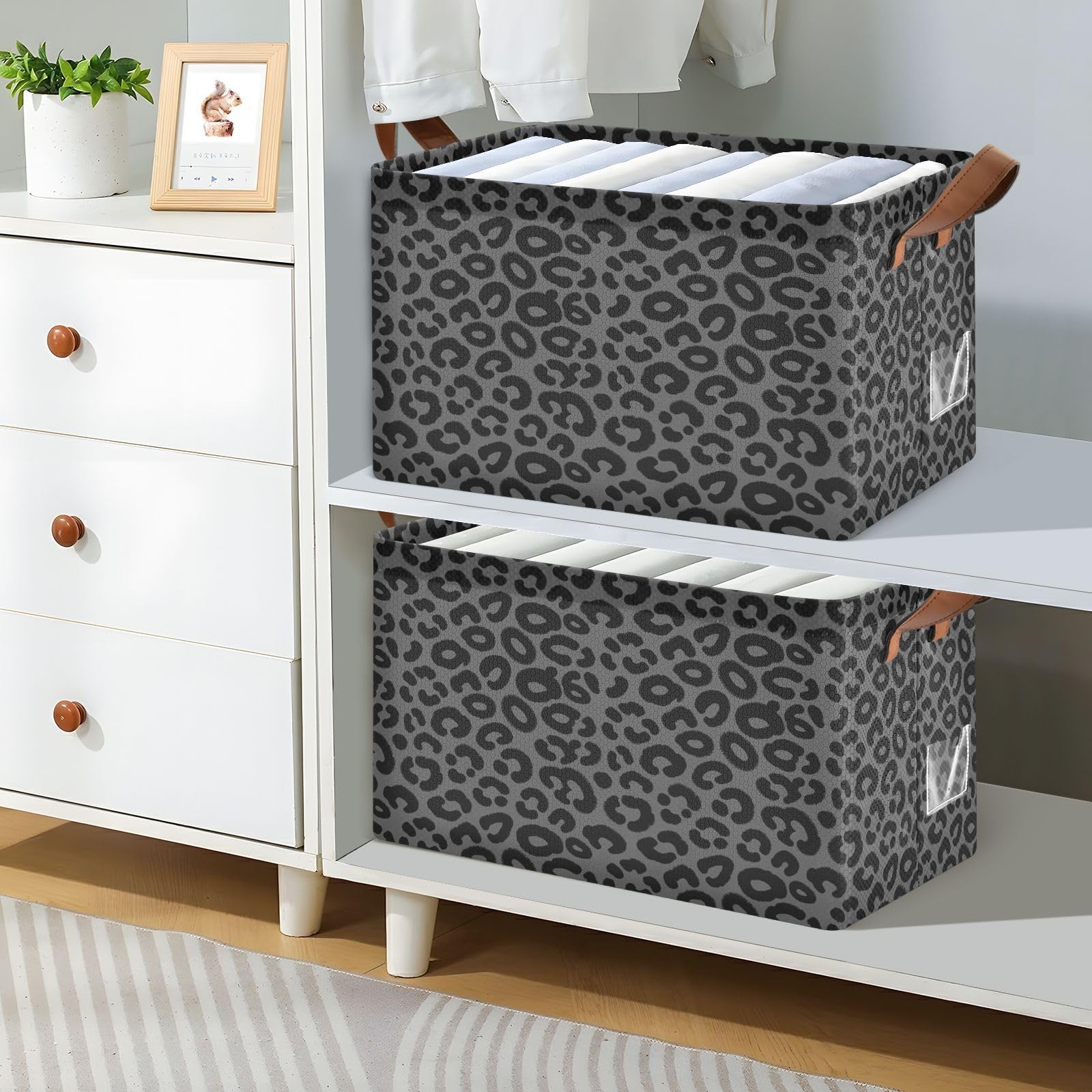 FRODOTGV Contenedores de almacenamiento abiertos para armario, dormitorio, cocina, negro, gris, leopardo, M