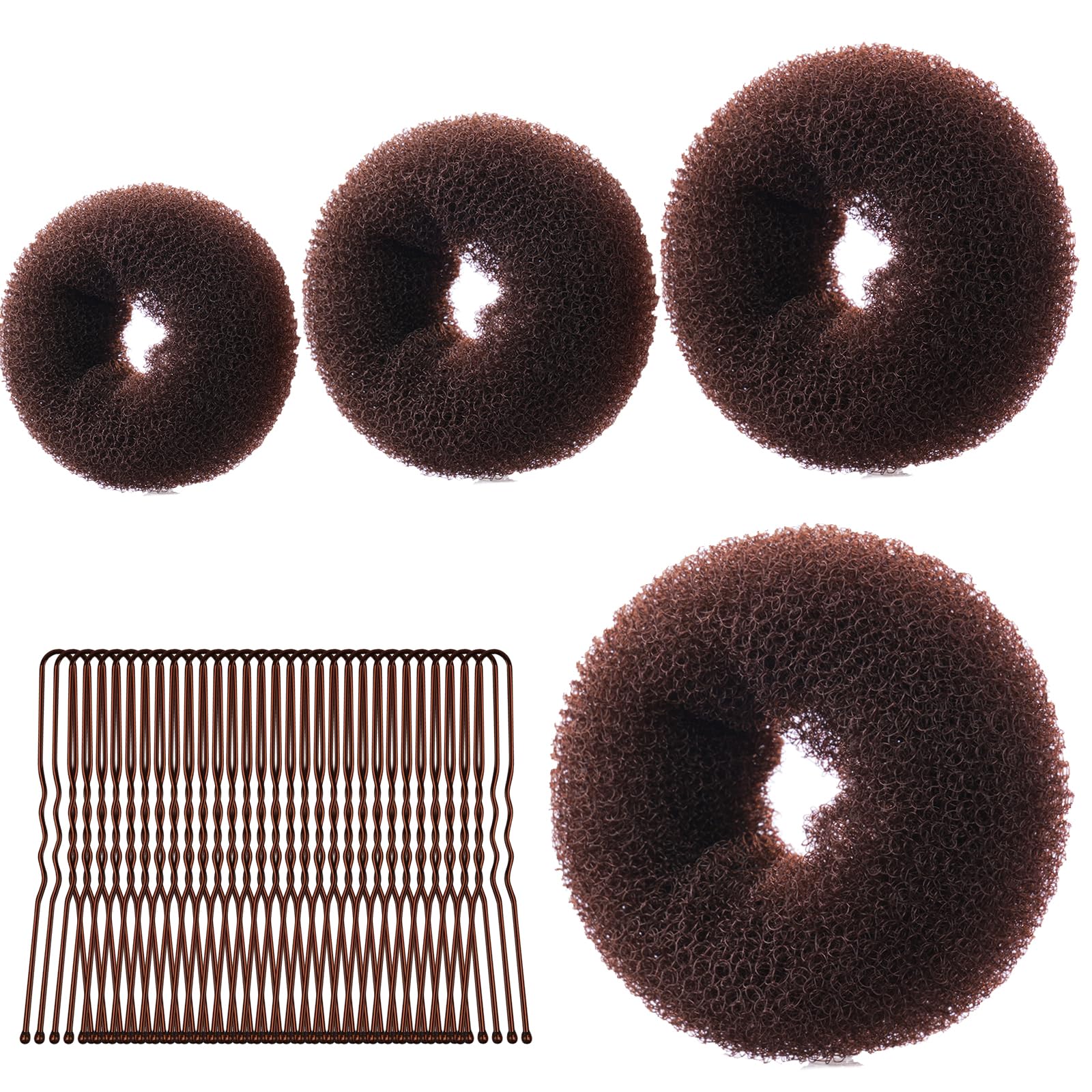 URAQT Donut Hair Bun Set, 4PC Dutt Maker, Duttkissen Groß und klein mit 30 U-Form Haarspange,Donut Haark Hochsteckfrisuren Zubehör für Frisur Tänzer Kinder Mädchen Frauen (4er-Braun (6+8+10+12))