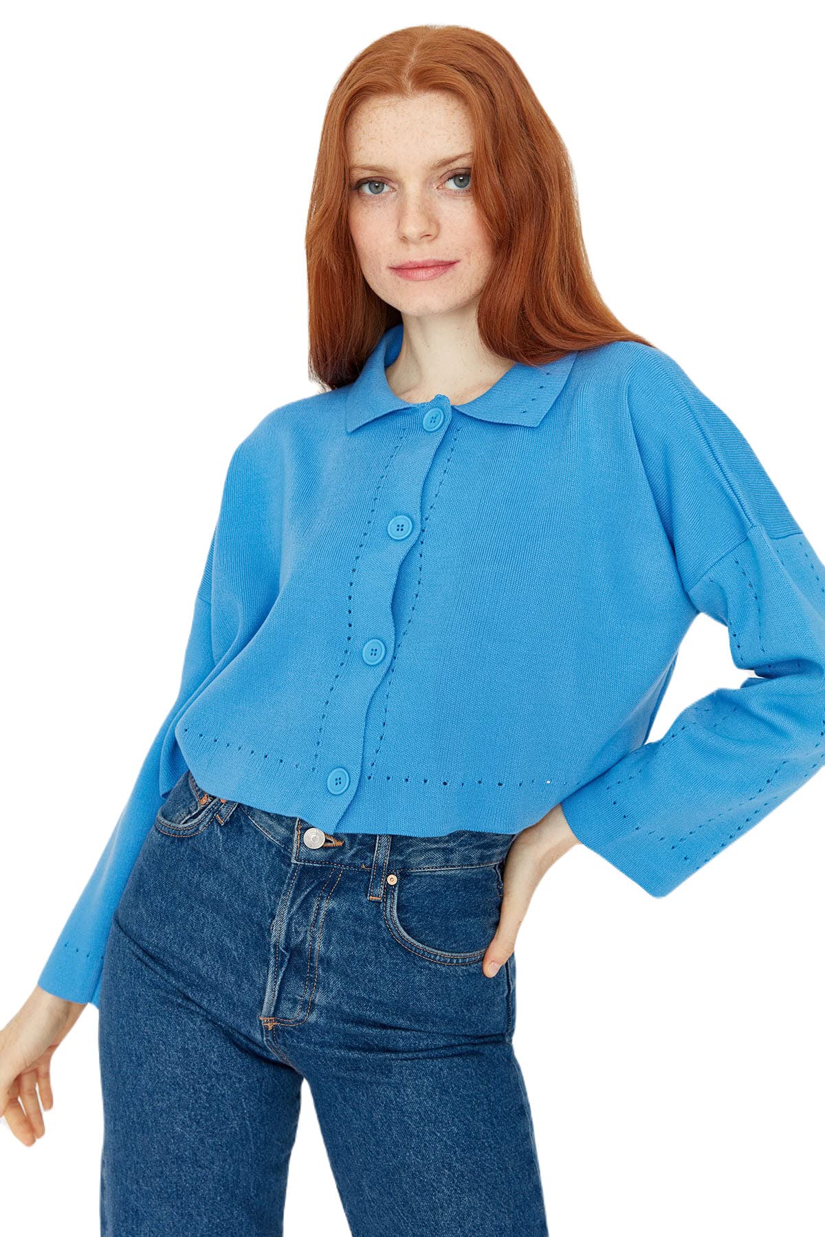 Trendyol Damen Regular Standard U-Ausschnitt Strickwaren Cardigan Sweater, blau, L