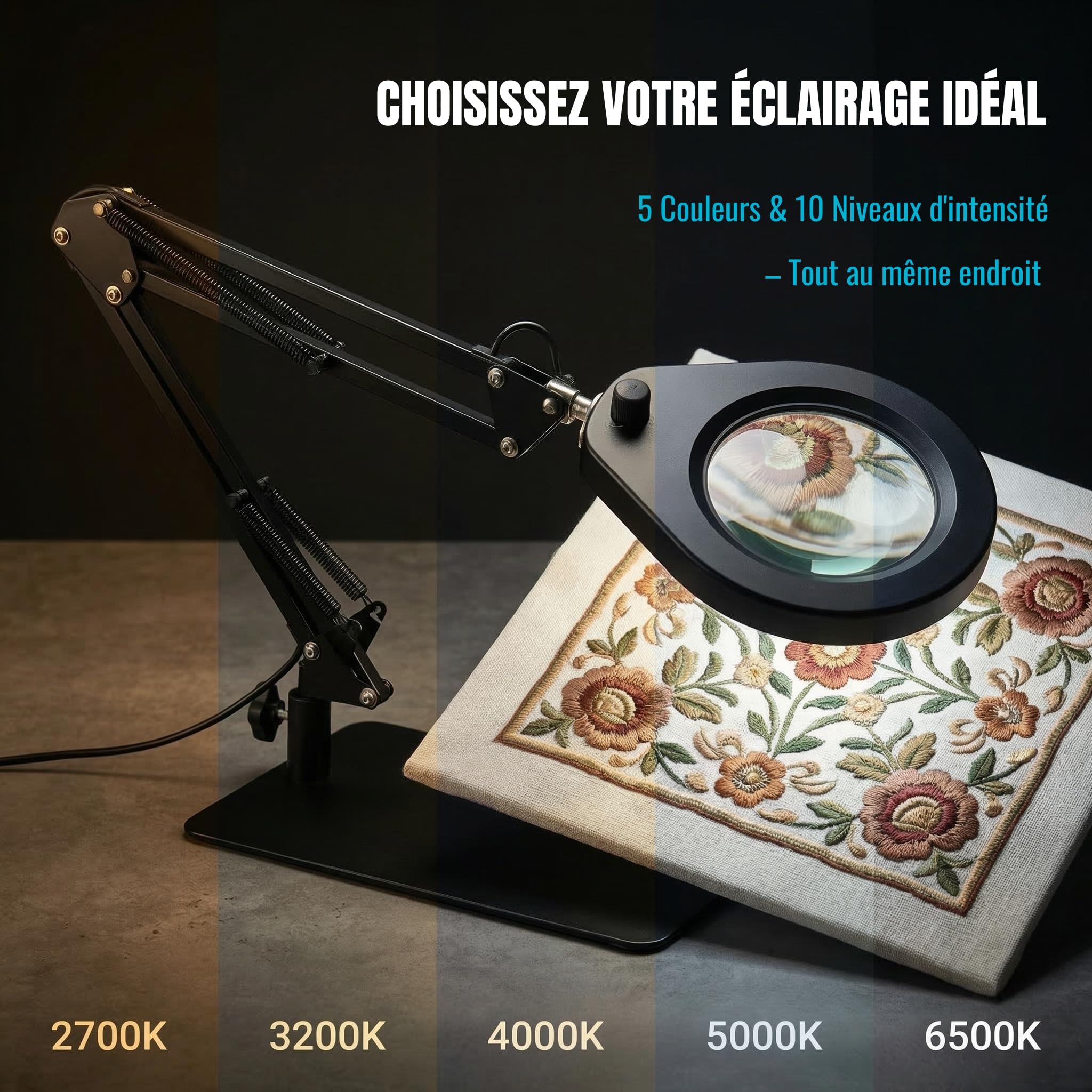 Lampe Loupe avec Support et Pince, Loupe 5X, LED à Intensité Variable et Double Support, pour Tâches de Précision