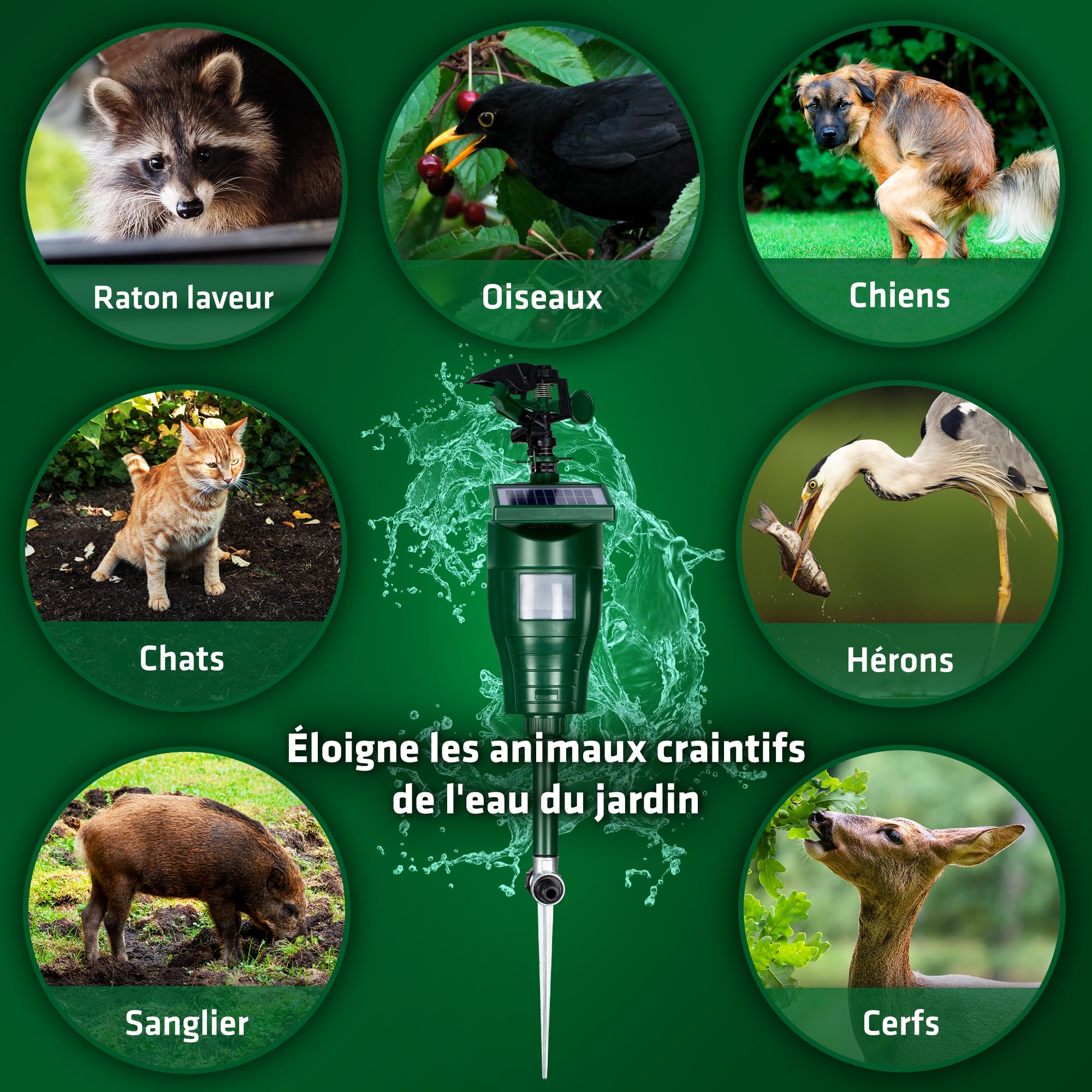 GARDIGO Répulsif Solaire à Jet d'eau pour Chats, Oiseaux et Hérons | Répulsif animaux solaire – Détecteur de mouvement PIR – Portée jusqu'à 10 m – Chats, oiseaux et hérons