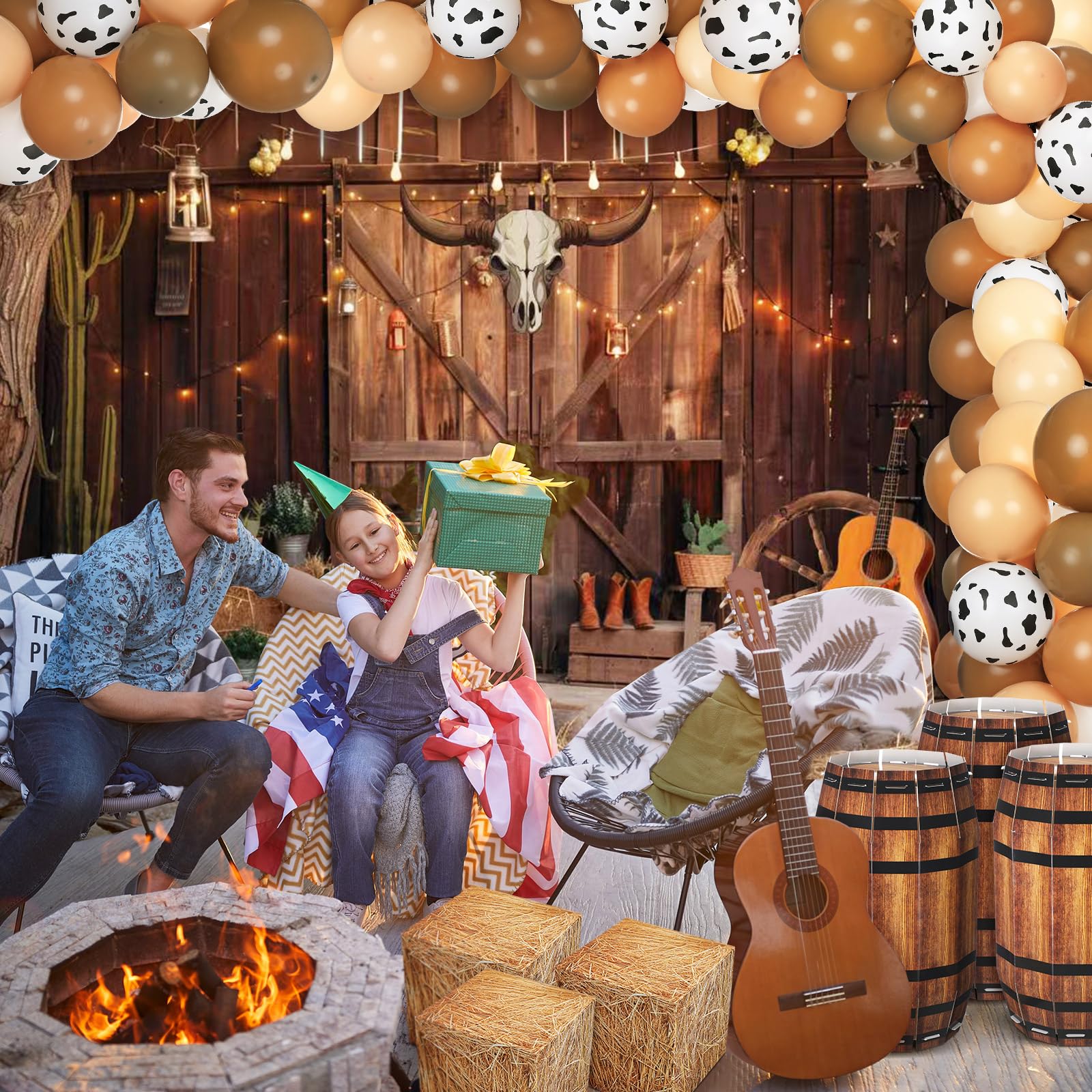 Threan 72pcs Bale Scatole Decorazione Western Cowboy Party Tridimensionale Barile di Legno Palloncino Western Cowboy Sfondo Grande Partito Sfondo Tema Festa di Compleanno Fotografia Puntelli