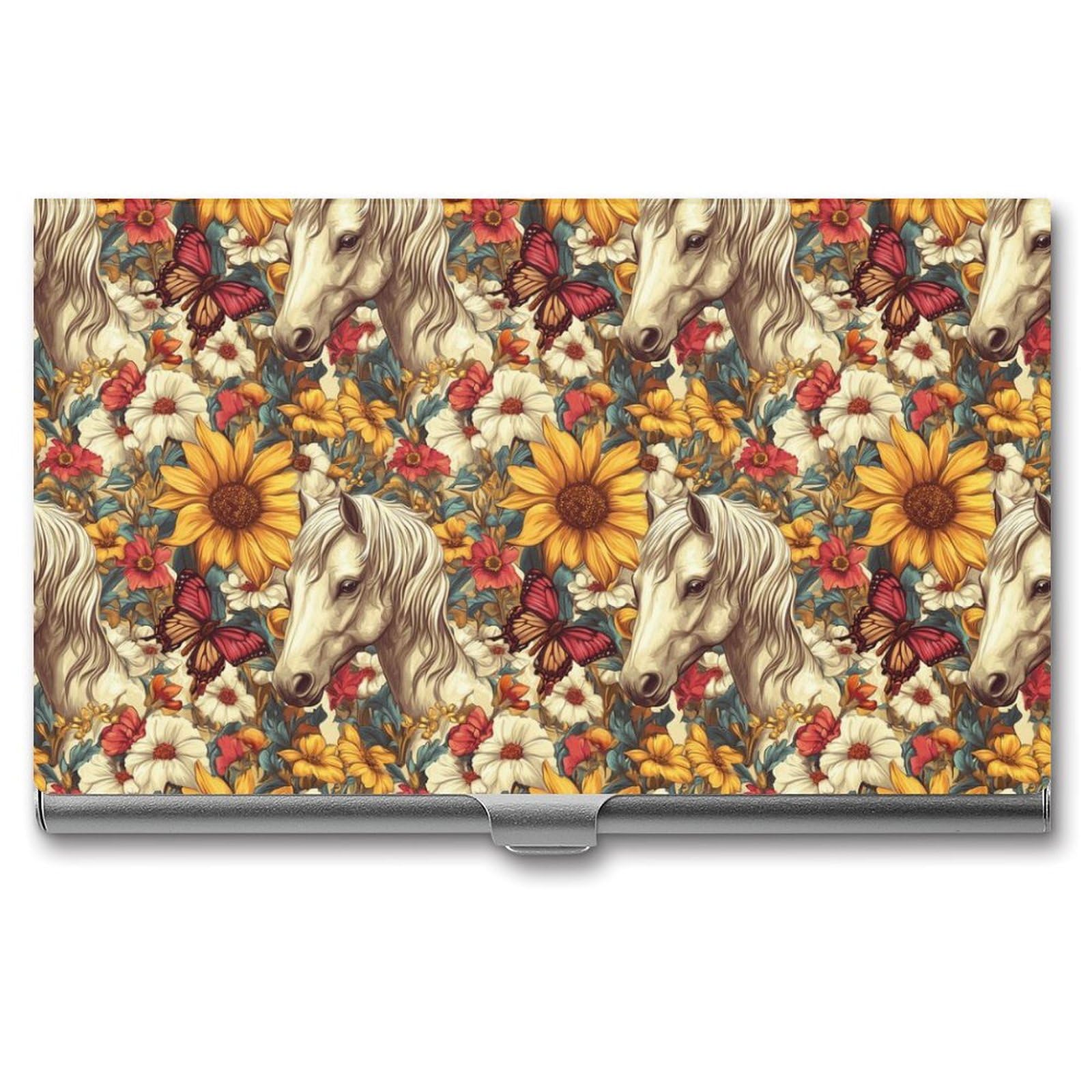 DULAHR Horse Sunflower Business Card Holder Pocket Business Card Case Metal Case Name Card Holder Men Women