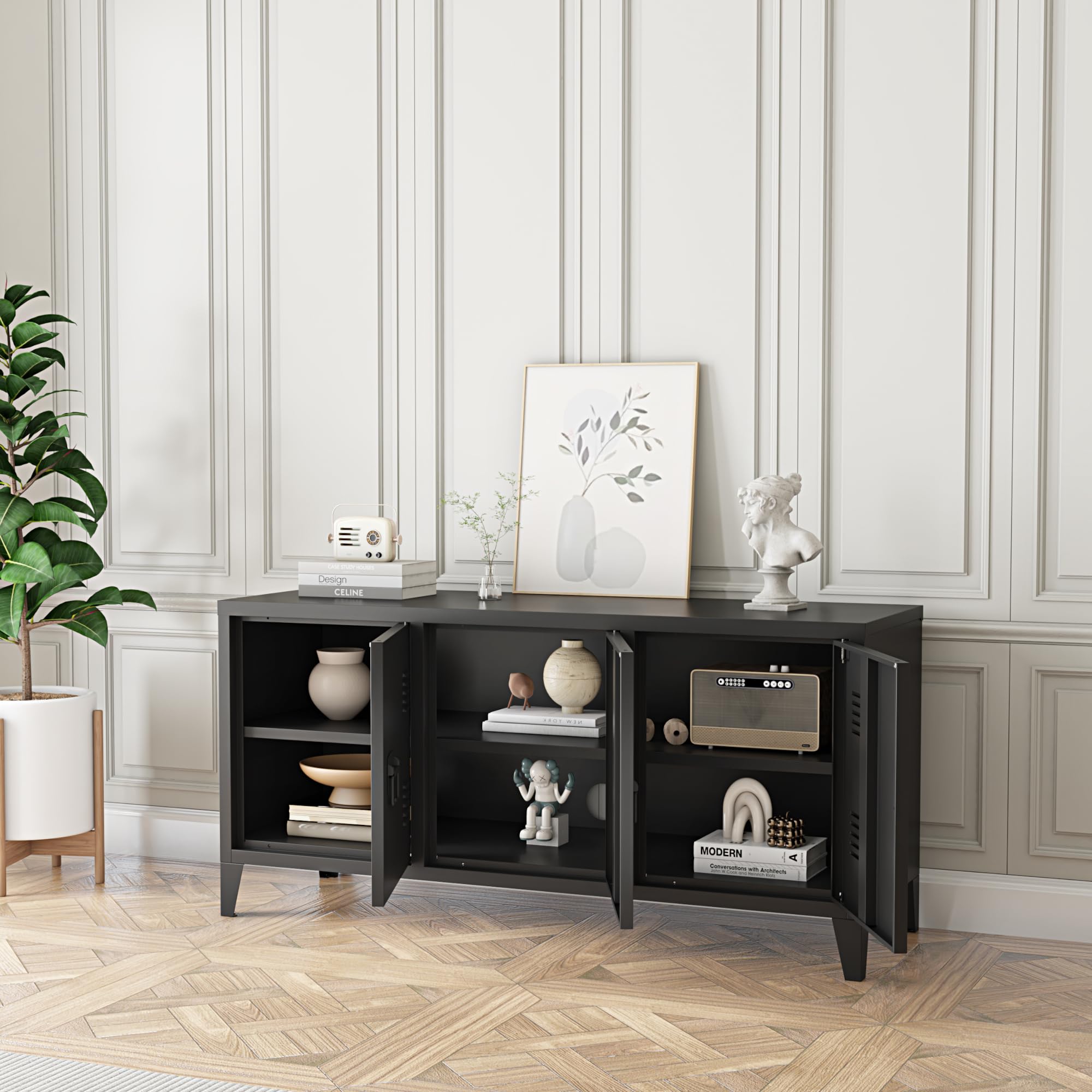 [en.casa] TV Schrank Kotka Lowboard mit 3 Türen TV Board Schwarz Fernsehtisch TV Kommode Fernsehschrank 113 x 40 x 58 cm Metall