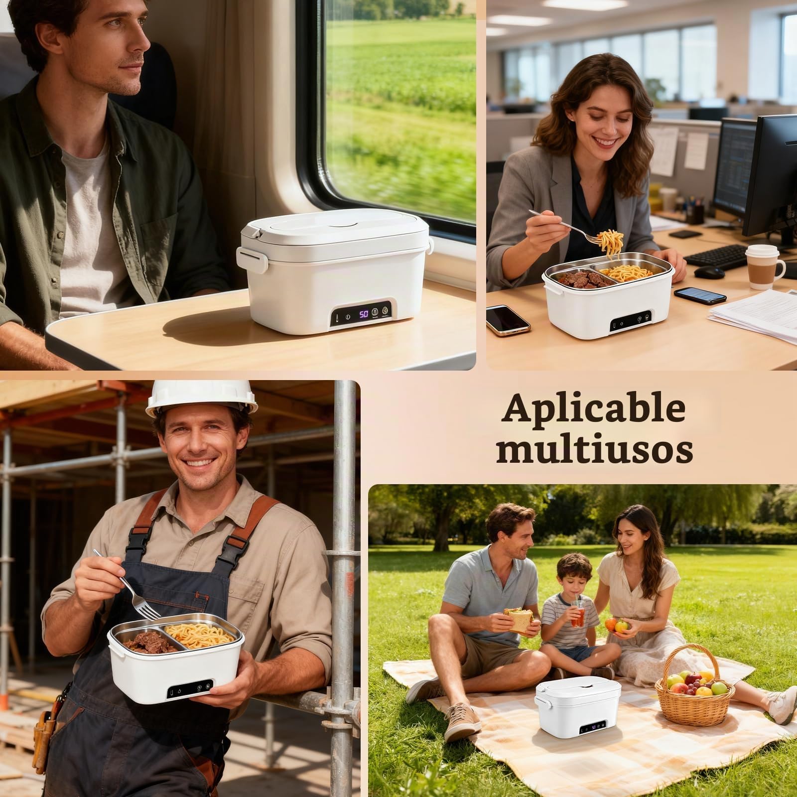 Fiambrera eléctrica inalámbrica con Cubiertos y Bolsa, Recargable por USB, Fiambrera a Prueba de Fugas con batería de 15600 mAh, 1,5 L, Cuenco Calefactor para Viajes, Oficina, Picnic