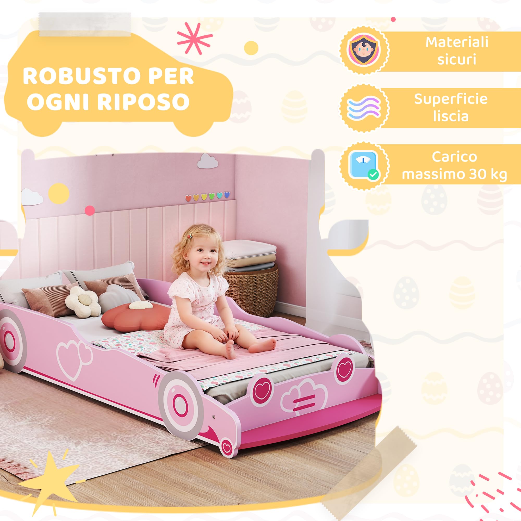 AIYAPLAY Letto per Bambini a Forma di Macchina, Lettino per Bambini da 3-5 Anni con Sponde Rialzate di Sicurezza, 140x70 cm, Rosa