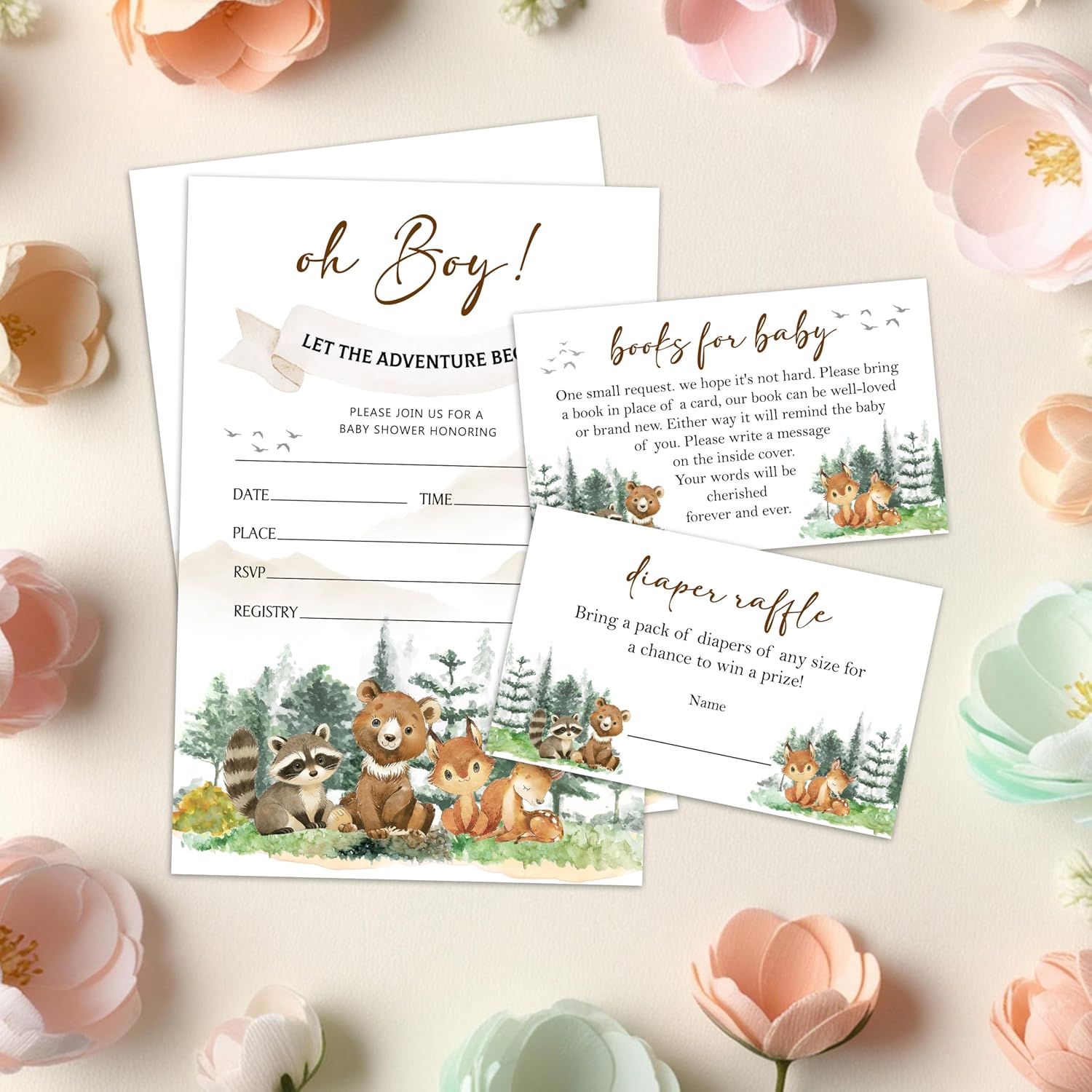 Woodland Baby Shower Invitations, 25 Forest Woodland Greenery Invites with Envelopes, Diaper Raffle & Book Request Cards, Gender Reveal Party Decorations Supplies - A06