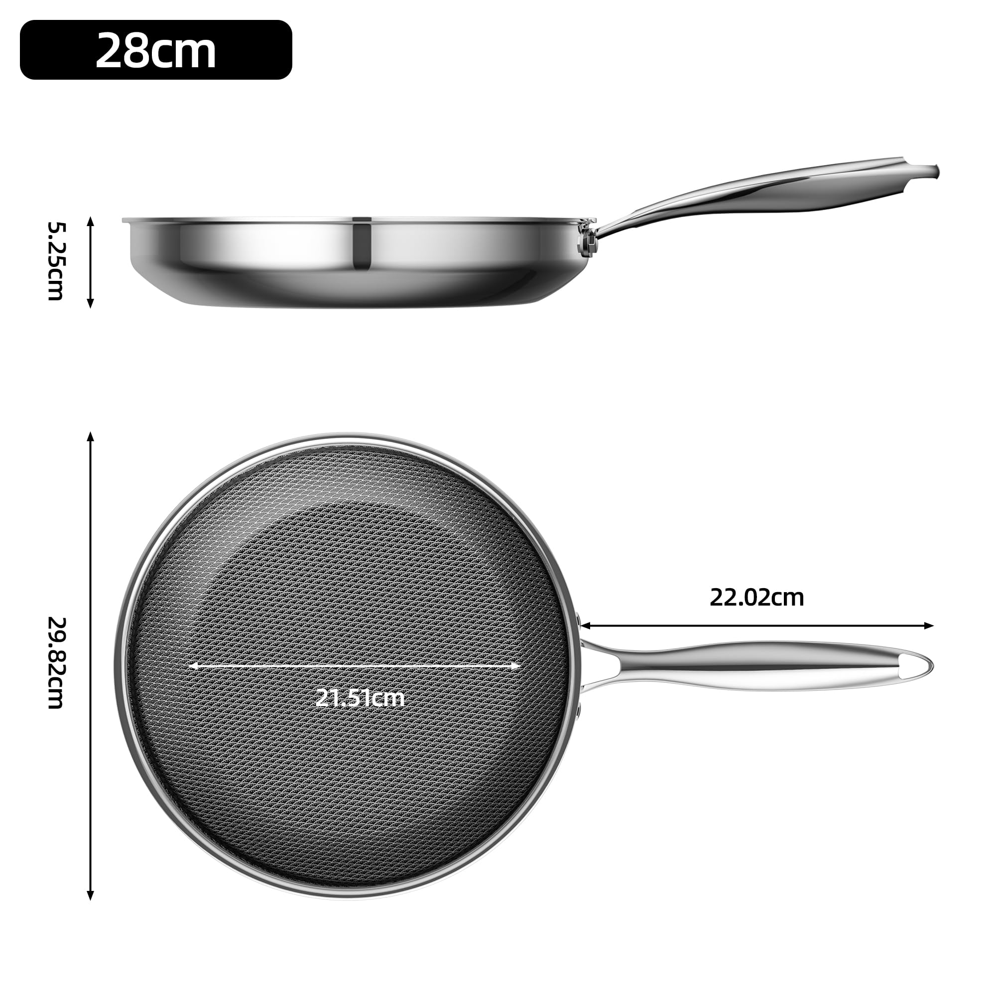 Patelnia nieprzywierająca 28 cm, patelnia ze stali nierdzewnej, uchwyt pozostaje chłodny, zmywarka, PFAS PFOA i bez PTFE, nadaje się do piekarnika do 260°C, nadaje się do wszystkich kuchenek
