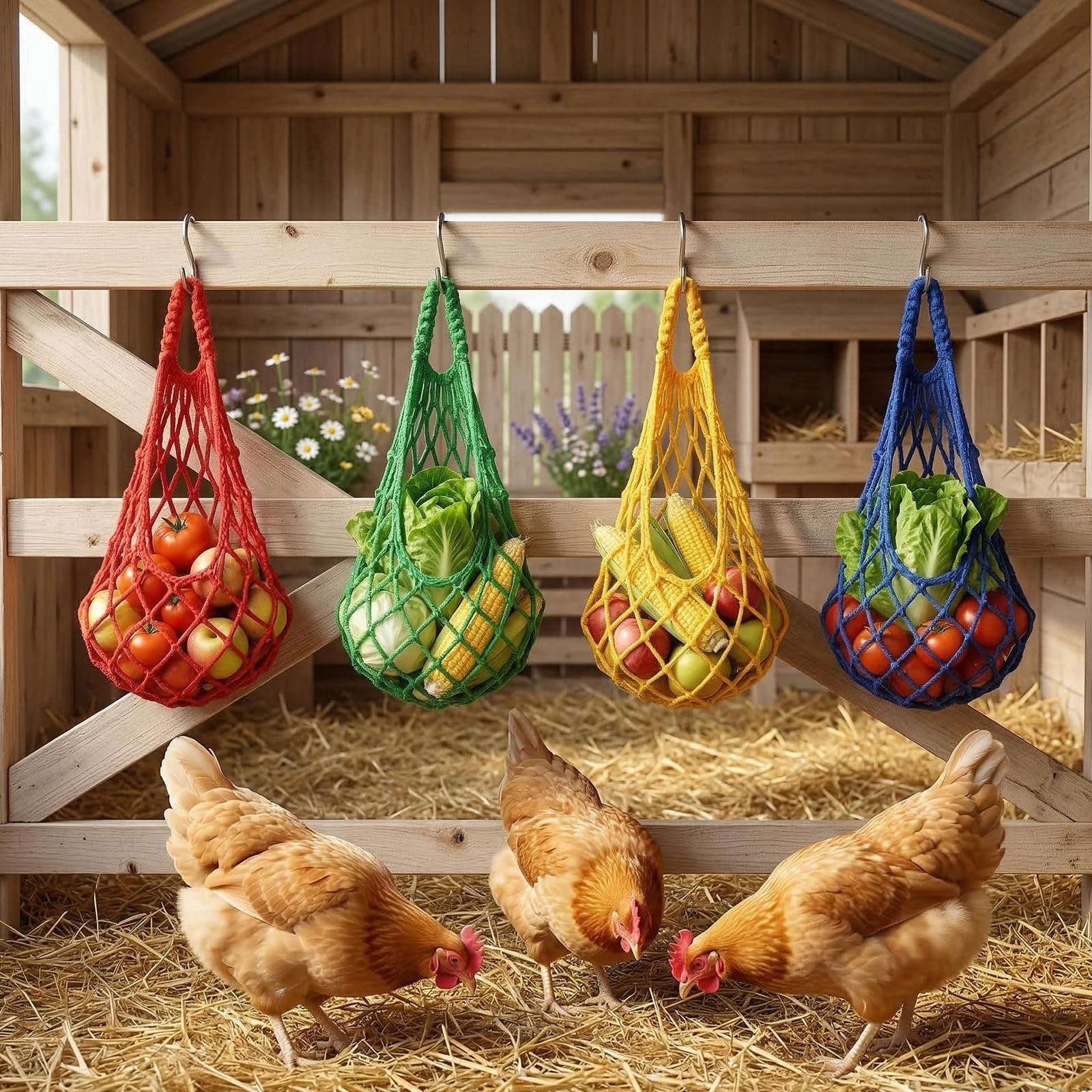 4 bolsas de comida colgantes para gallinas, patos y gansos con ganchos prácticos, accesorios y juguetes para aves de corral — view 4