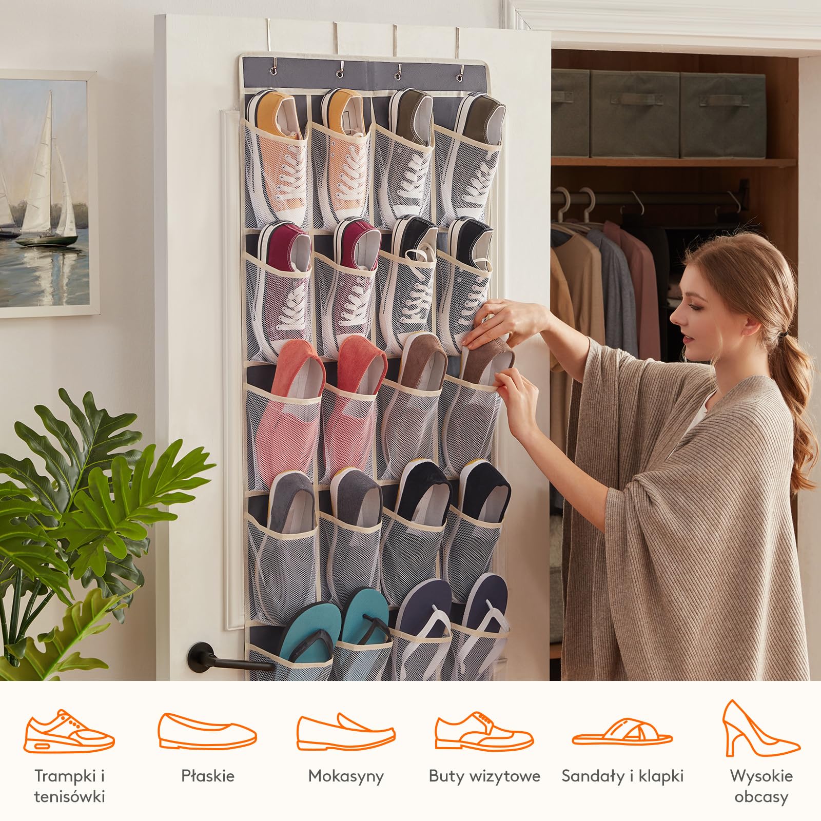 Lifewit Organizer nad drzwiami na buty, regał wiszący, materiałowy, organizer wiszący z 24 kieszeniami, regał na buty, wiszący organizer na ubrania do sypialni, łazienki, szafy, duży, szary