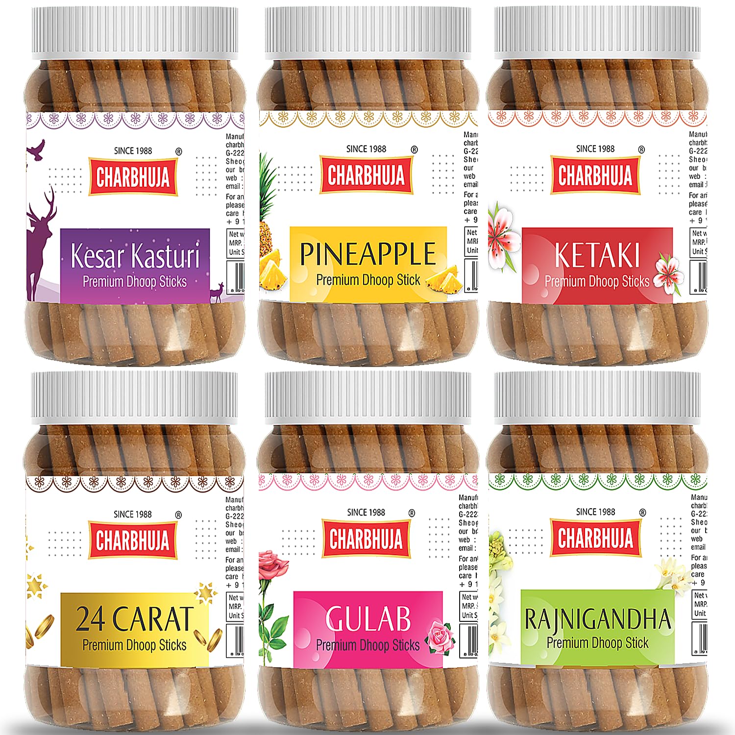 CHARBHUJA 750g=125g*6 Fragrant Dry Dhoop Sticks Charcoal Free Stick for Home & Office Fragrance, Pooja, Hawan, Uplifts Mood (Kesar Kasturi, Pineapple, Ketaki, 24 Carat, Rose, Rajnigandha) (B0D4588BG4) Amazon Price History, Amazon Price Tracker