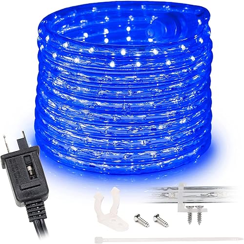 WYZworks Cuerda de luces LED azules de 50 pies, conectable al aire libre, permanente, impermeable, iluminación exterior, funda de PVC transparente,