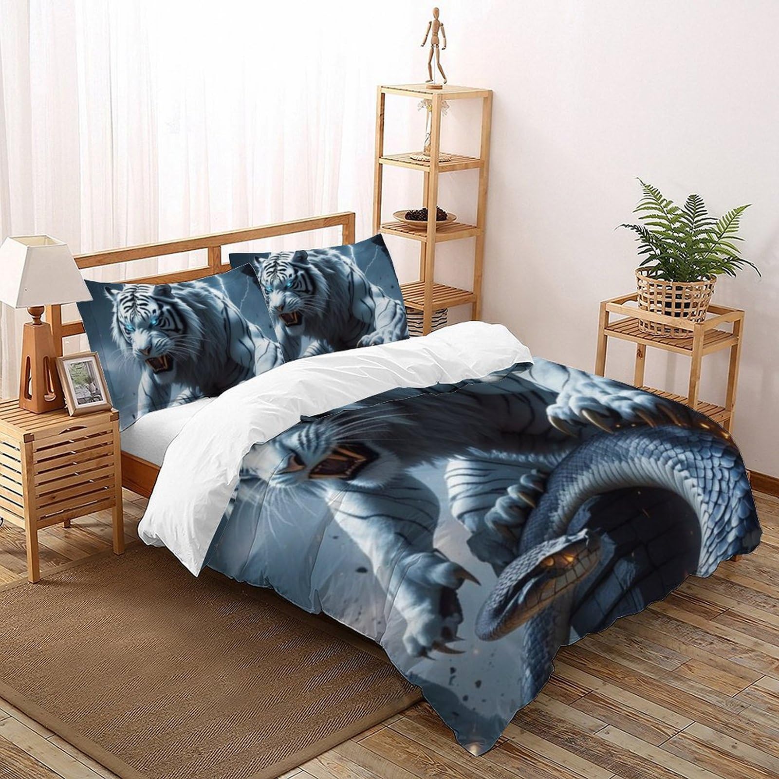 Parure housse de couette tigre blanc et serpent king size pour décorer une chambre ado garçon