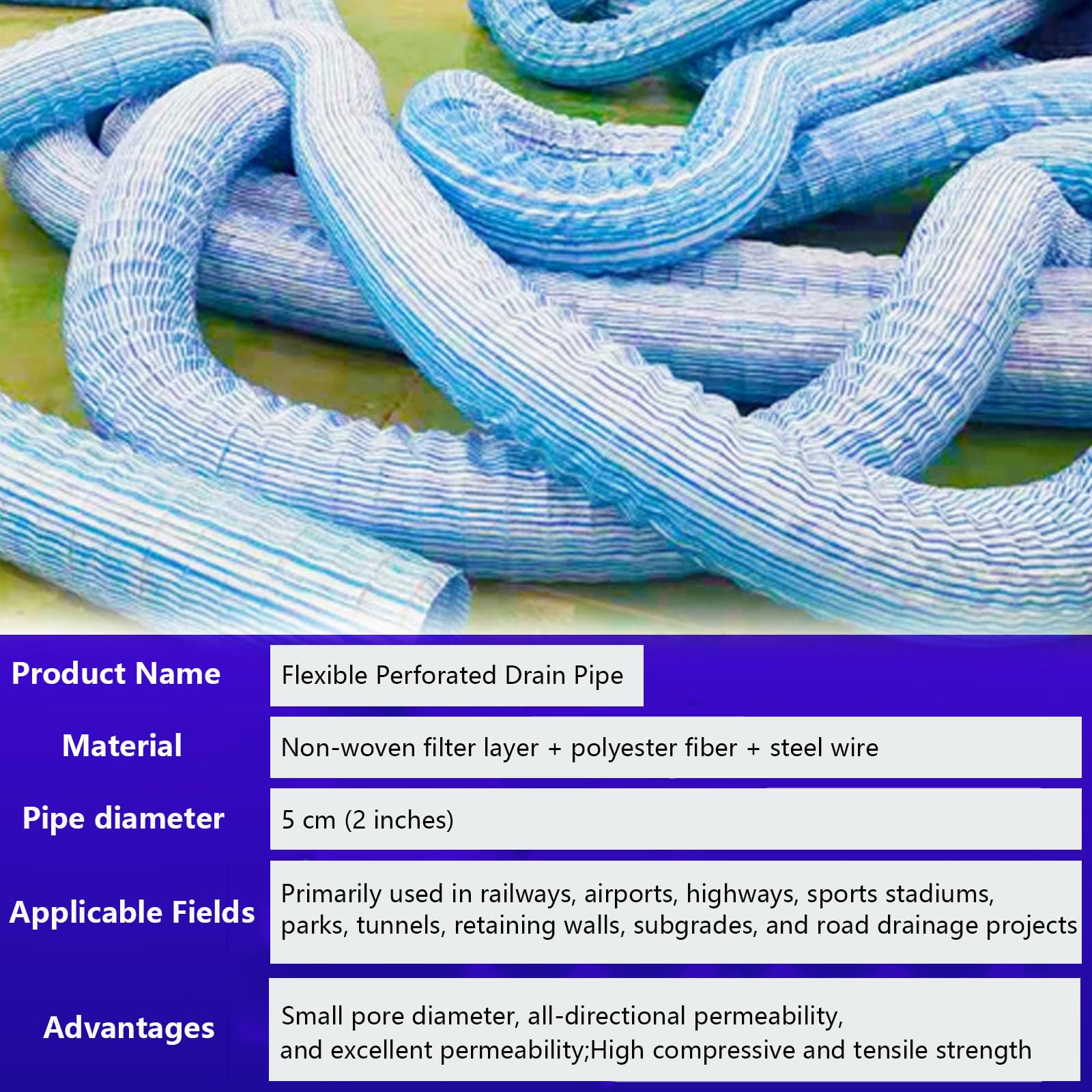Tuyau d'évacuation ondulé perforé de 5,1 cm avec filtre non tissé, perméabilité toutes directionnelles pour drainage souterrain de jardin paysager (42 m)