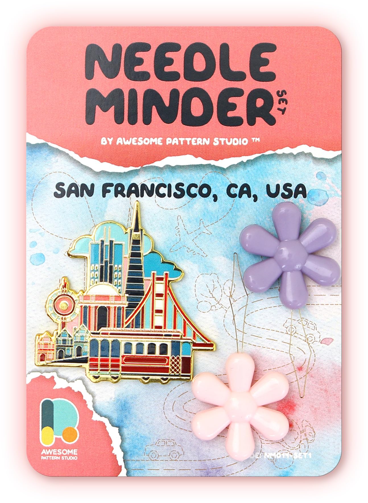 Awesome Pattern Studio Needle Minder Set – San Francisco Magnetic Needle Minder + 2 Needle Threaders. Enamel Pin for Cross Stitch, Embroidery and Craft