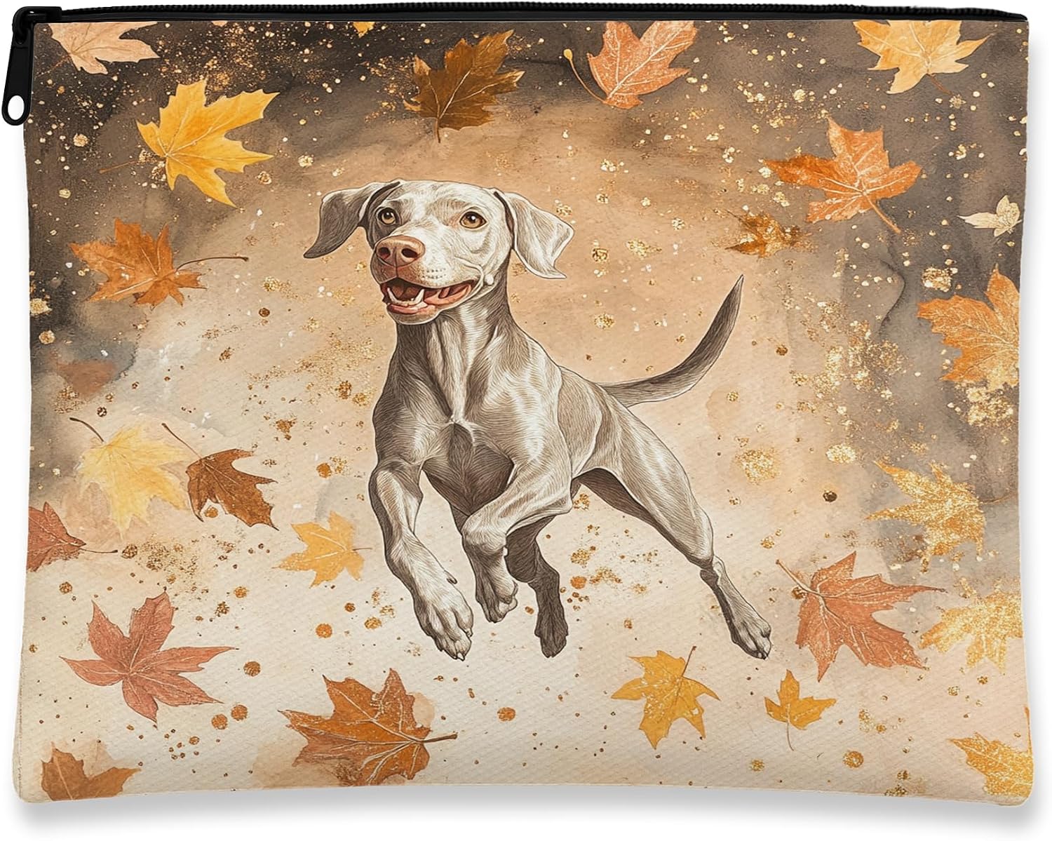 Fall Weimaraner Dog Makeup Bag, Autumn Luxury Maple Leaf Cosmetic Travel Pouch for Women, Portable Small Canvas Zipper Organizer, Pet Toiletry Bag 7x9 Inch