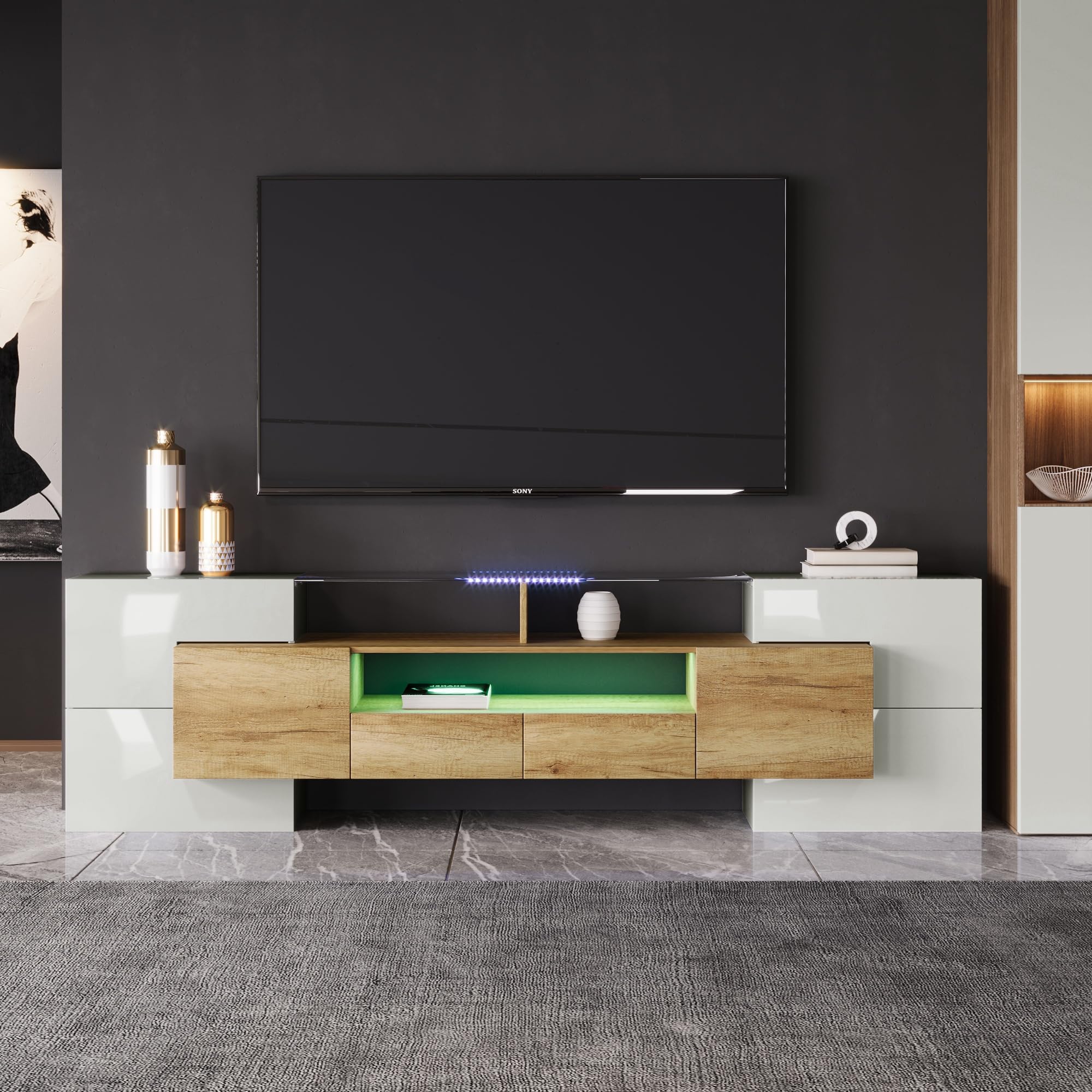 Mueble TV de Alto Brillo de Hasta 80 Pulgadas, Muebles de Salon Muebles TV con Iluminación LED y Estante de Vidrio, Mueble para TV Moderno con 6 Puertas y 2 Cajones, 200x35x60 cm, Natural+Blanco