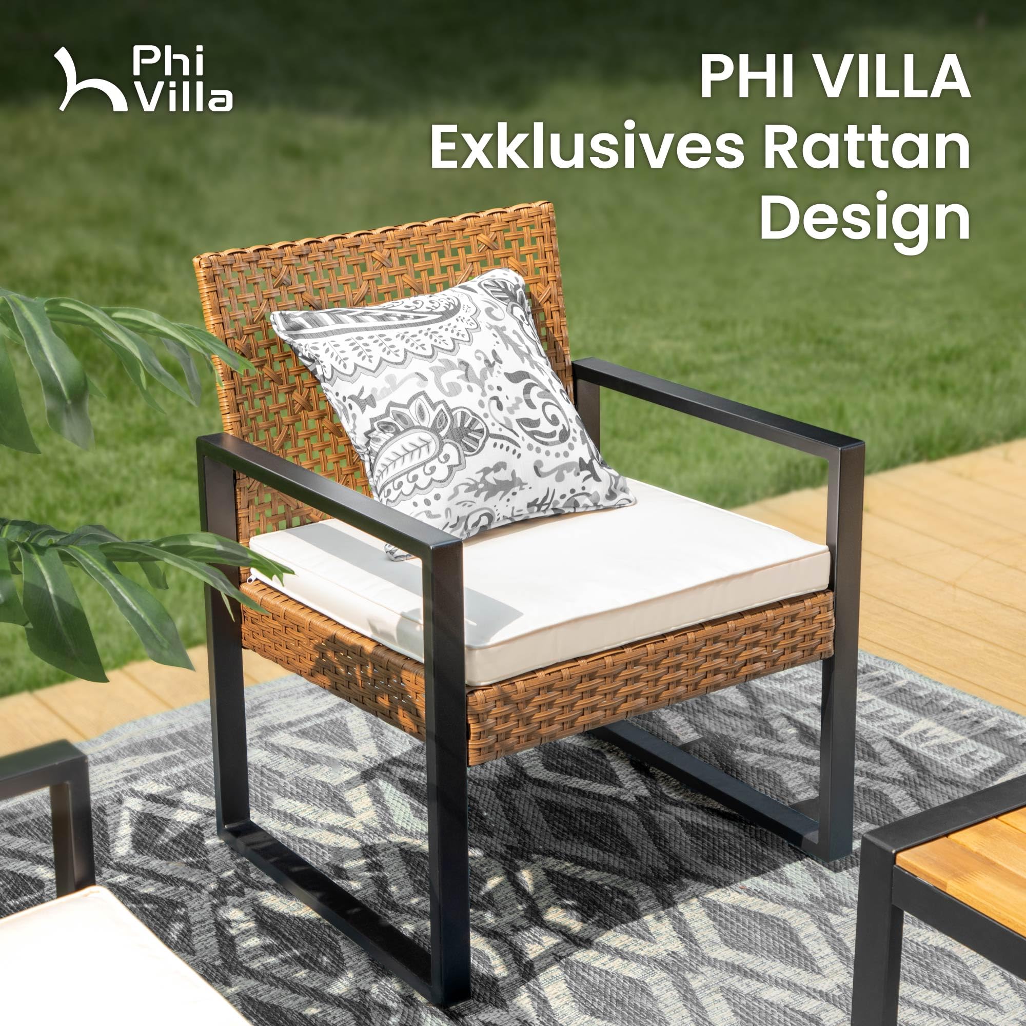 PHI VILLA Gartenmöbel Balkonmöbel Set mit 1 x 2-Sitzer Sofa, 2 x Sessel und 1 x Tisch, 4 Personen Outdoor Lounge Möbel Gartensofa. Wetterfest Rattan Balkon Lounge für Garten Terrasse, Beige & Braun