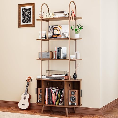 Miniatura 8 de Soporte alto para tocadiscos de vinilo, estantería arqueada de 4 niveles con puertas corredizas, gabinete de almacenamiento de discos pequeños