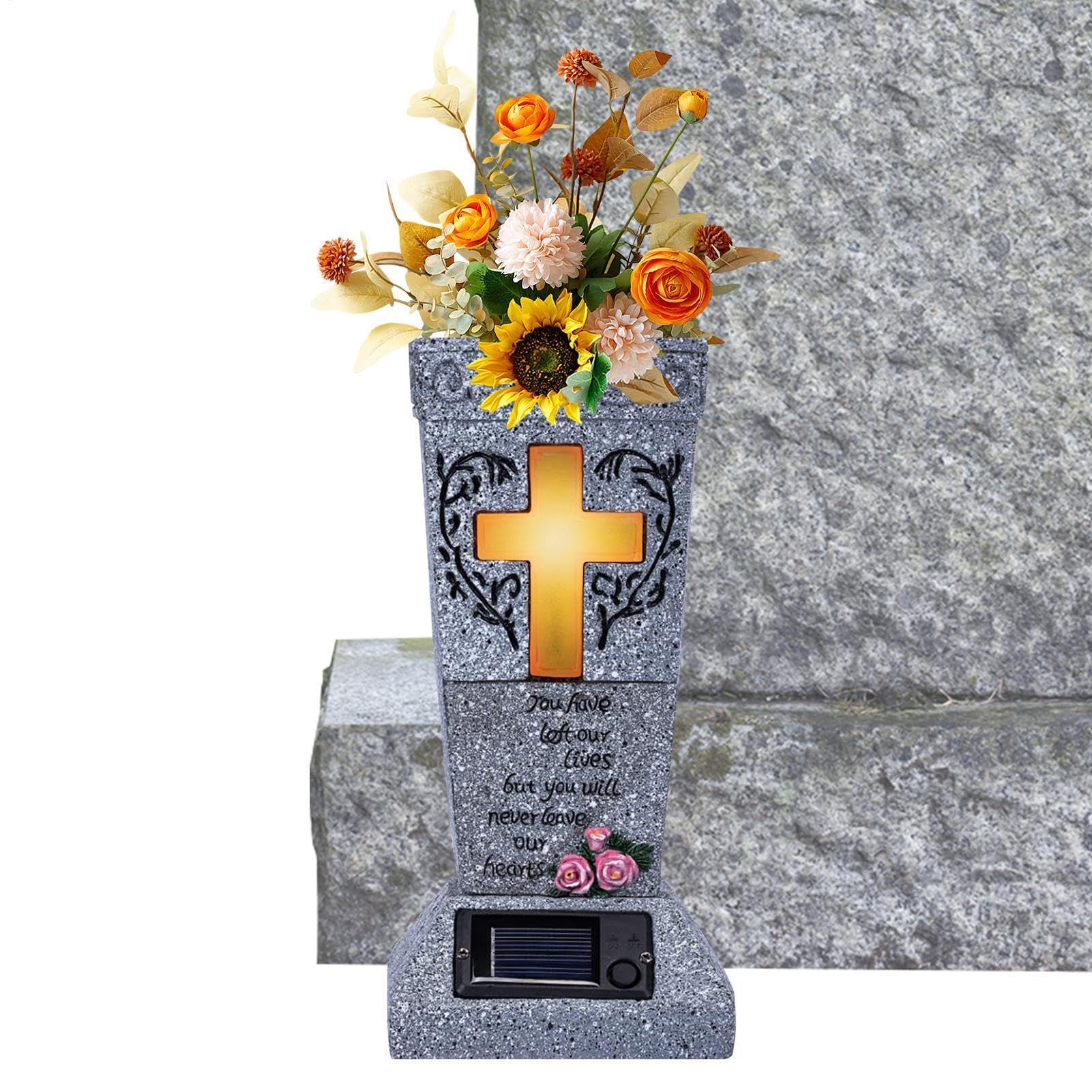 Friedhofsvasen für Grab – 13 x 13,5 x 33 cm Grabsteinvasen – solarbeleuchtete Outdoor-Gartendekoration mit Spikes für Hof, Friedhofsbeleuchtung