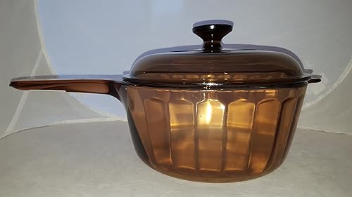 Cacerola cubierta de 2,5 L de ámbar acanalado grande vintage rara