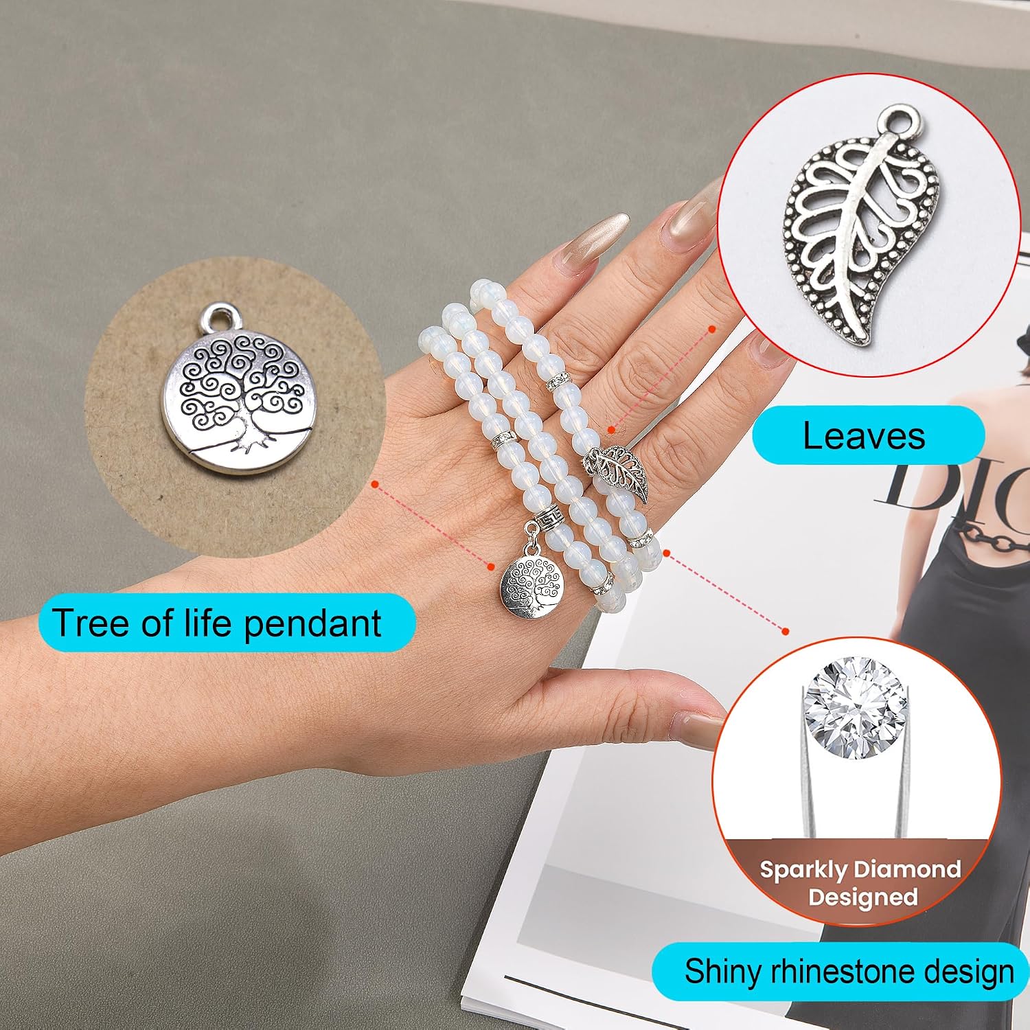 AWSMOR Beaded Band Compatible with Fitbit Versa 4/Versa 3 Bands/Fitbit Sense 2/Sense Bands for Women, Handmade Crystal Beads Stretchy Watch Bracelet for Versa 4