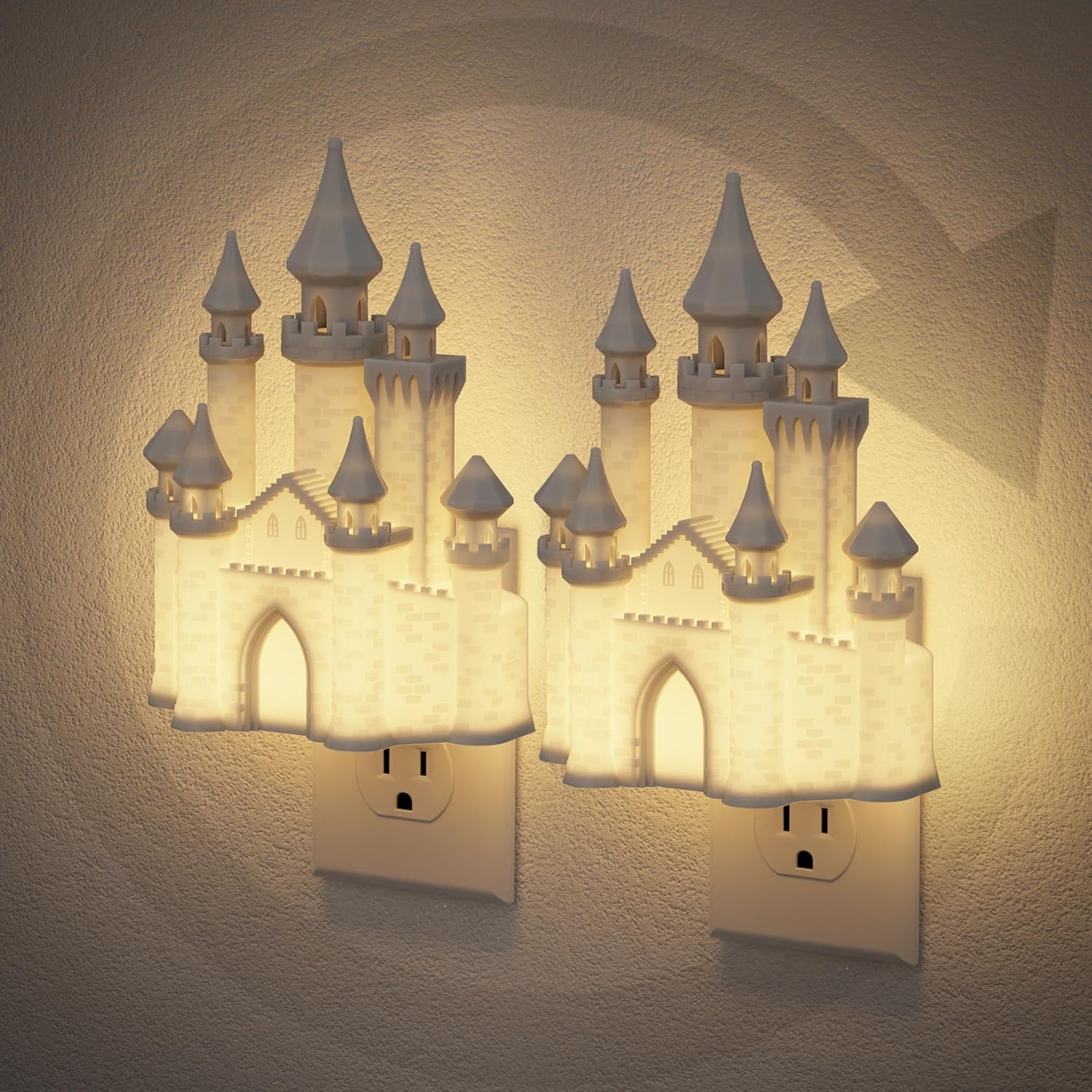 JandCase Night Lights Plug into Wall,3D Printed Castle RGB Night Light,2 Pack 10-Color Change Night Light,Dimmable Nightlights with Dusk to Dawn Sensor for Rooms Bathroom Hallway