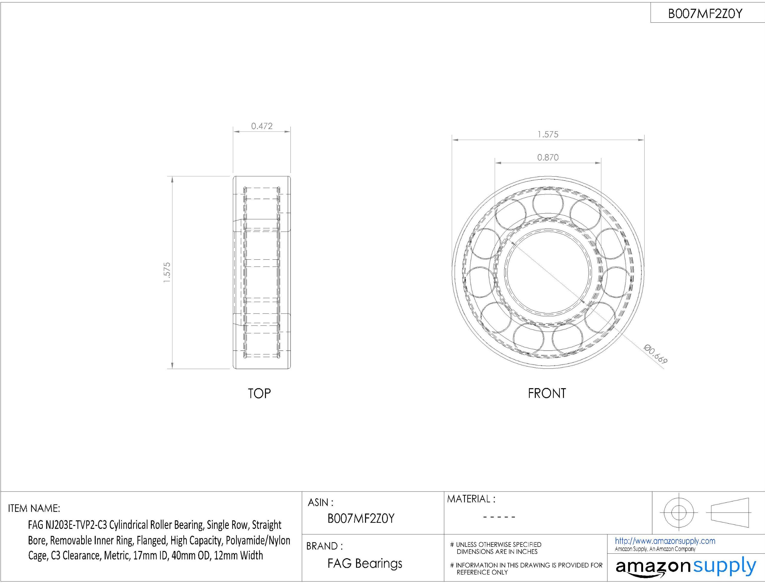 FAG NJ203E-TVP2-C3 Cylindrical Roller Bearing, | Ubuy