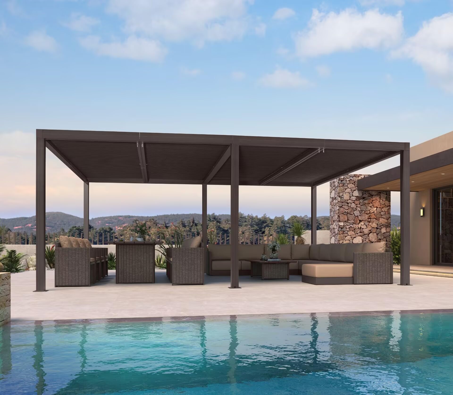 PURPLE LEAF Louvered Pergola 14' x 20' installed in a patio setting