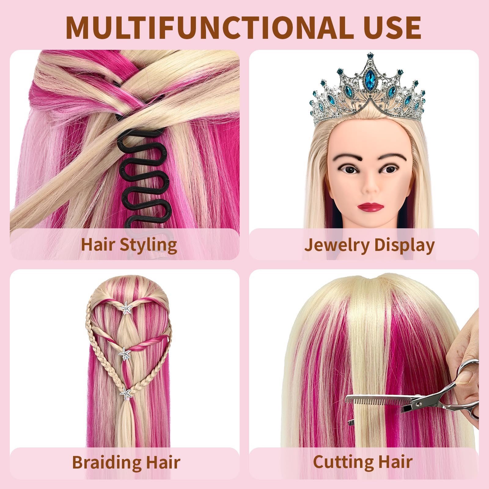 28" Mannequin Head With Hair Cosmetology Manikin Practice Braiding Hair Doll Head For Hair Styling Hairdressing Head For Braiding With Free Wig Head Stand Hair Styling Tools Set (Multicolor) - Image 3