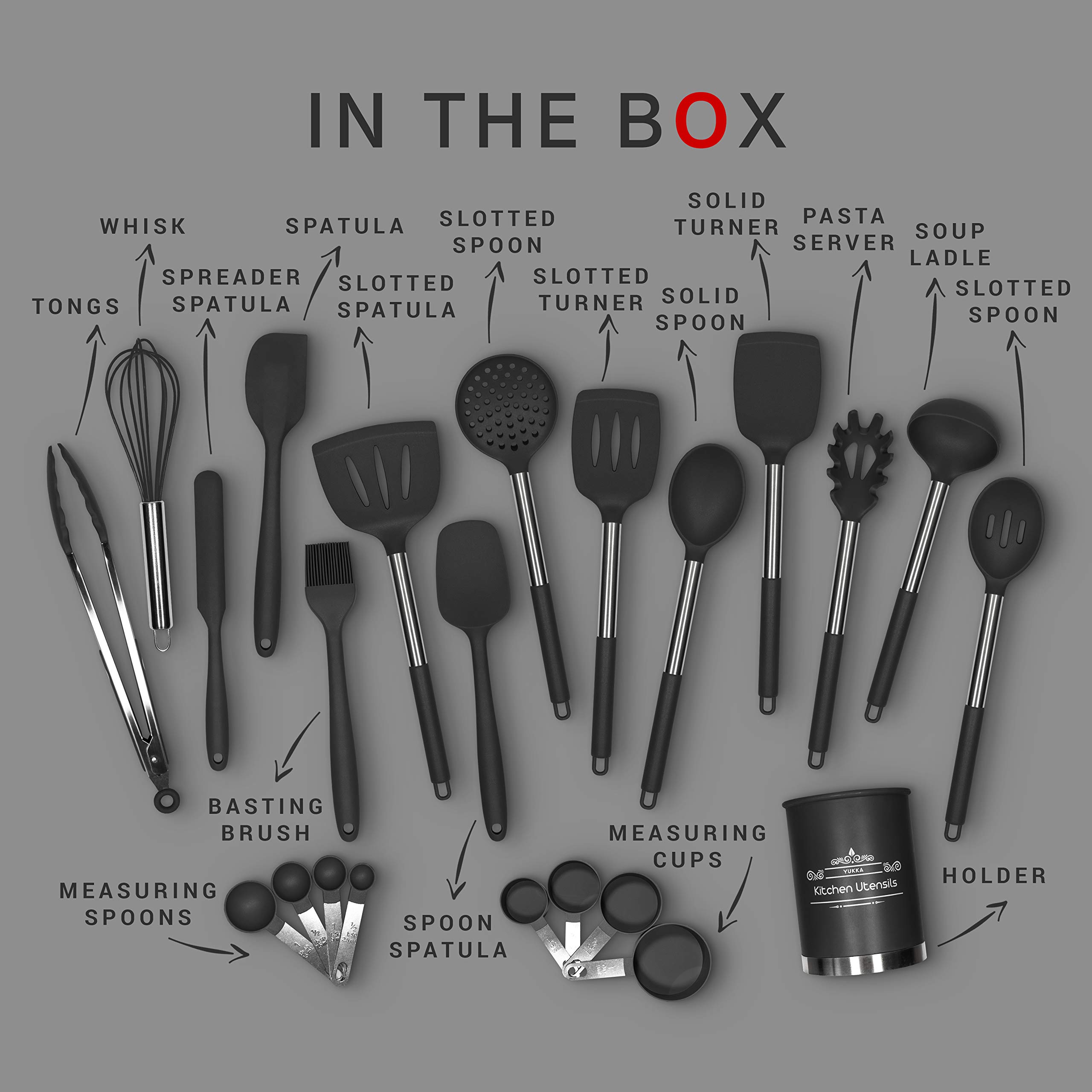 YUKKA Silicone Cooking Utensils Set 23pcs, Stainless Steel Handles, Non-Stick, BPA-Free, Non-Scratch, Black, Kitchen Gadget, Cookware Utensil