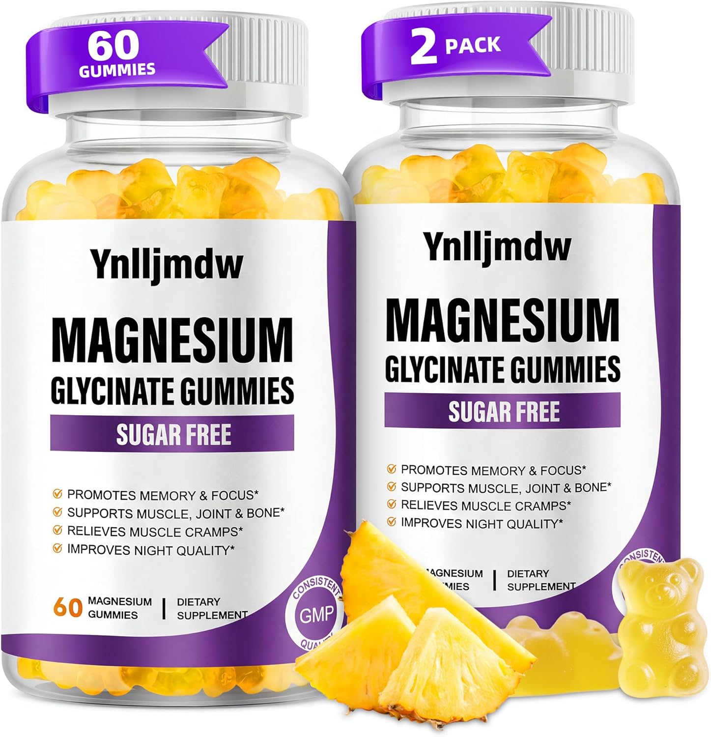 Magnesium Glycinate Gummies 2 Pack, High-Absorption Magnesium Supplement with Calcium & Vitamins, Supports Bone, Muscle&Sleep, Vegan, Non-GMO, Pineapple Flavor