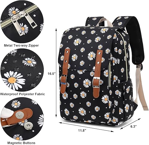 Miniatura 4 de Mochila para laptop para mujeres y niñas, mochila escolar universitaria de 15.6 pulgadas, mochila informal de viaje, negro (Daisy Black), Mochilas