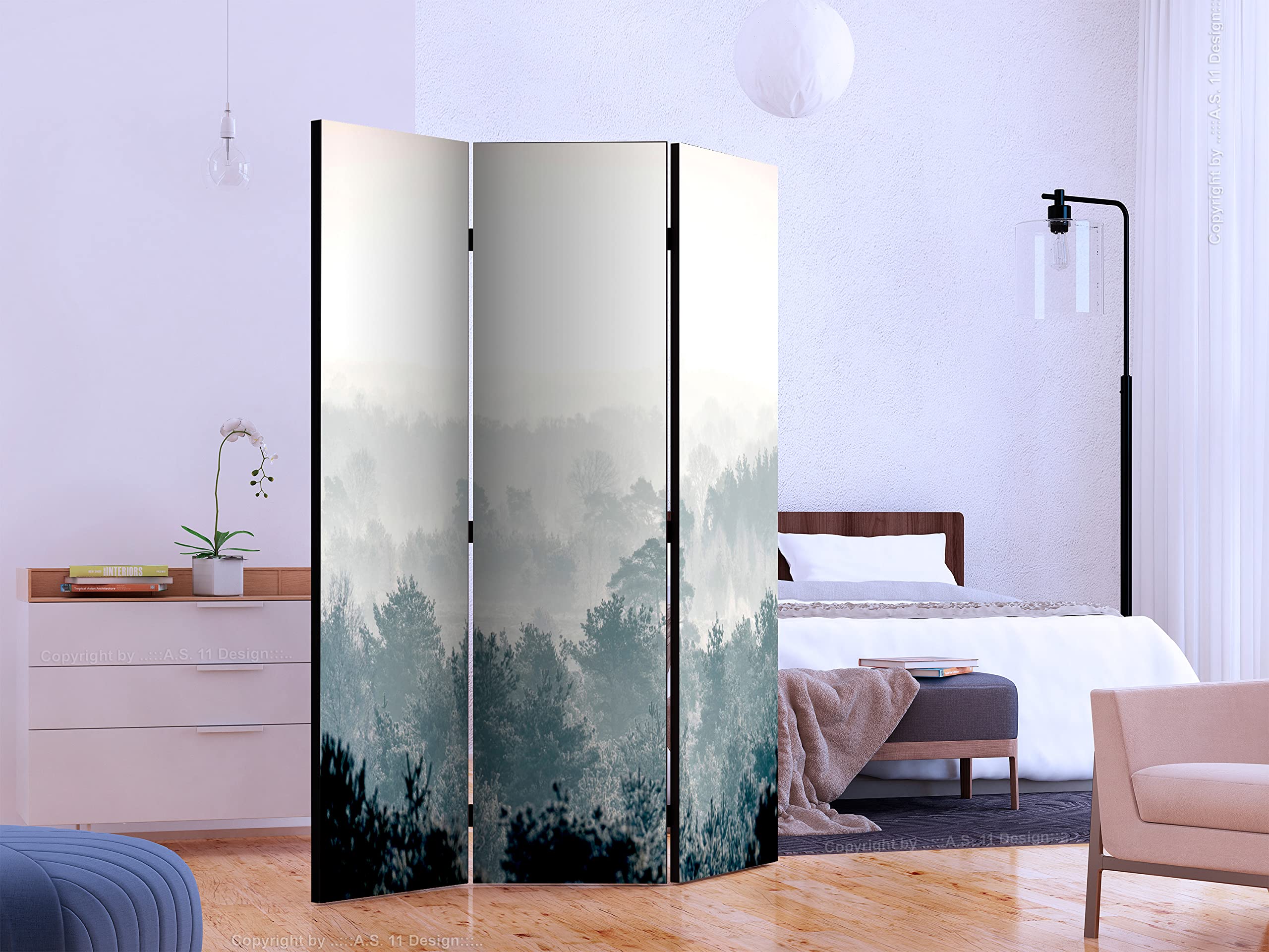 murando - Paravent intérieur unilatéral 135x172 cm - Séparateur de pièce en Bois Naturel avec Toile imprimée d'un côté, pour Chambre à Coucher - Brume matinale Forêt mystérieuse c-C-0242-z-b