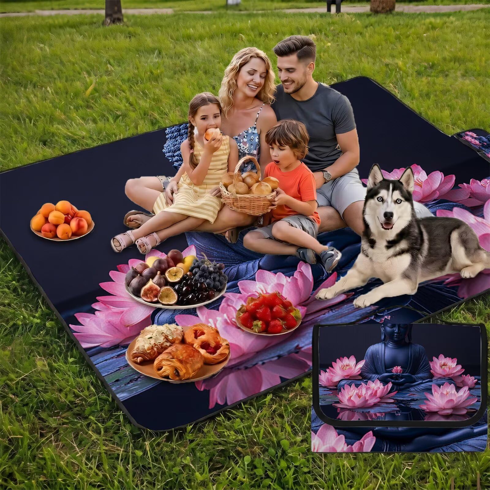 Couverture de Pique-Nique Grande 200x300cm,Outdoor Couverture Imperméable,Pliable Tapis de Plage Dos en PVC Anti-Sable,Picnic Blanket pour Camping Accessoires,Jardin,Parc,Famille - Bouddha,noir UZ-621