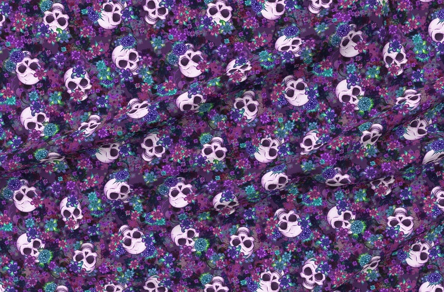 Spoonflower Fabric - Flowers Skulls Skull Pattern Floral Flower Rockabilly Printed on Organic Cotton Sateen Fabric by The Yard - Sewing Quilting Apparel Home Decor