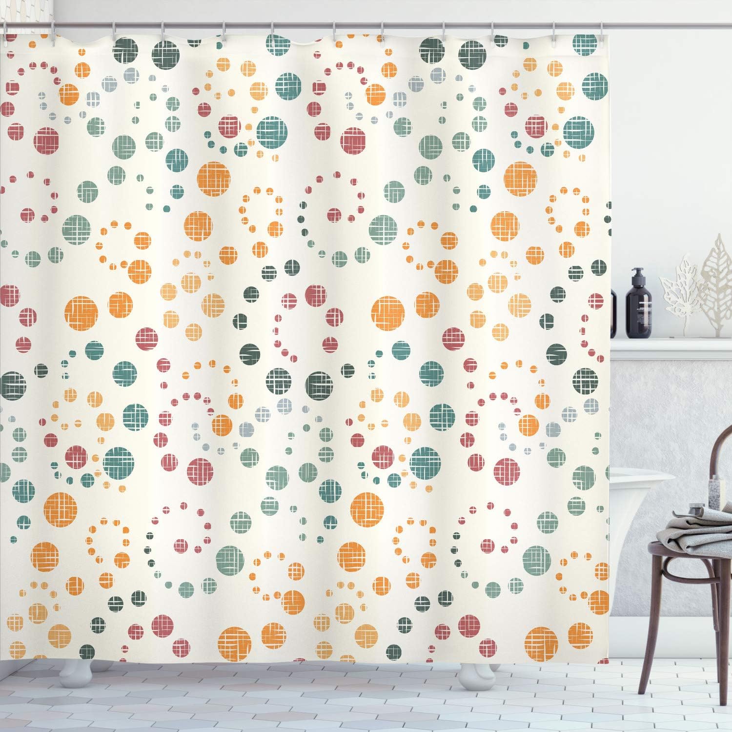 Ambesonne Modern Art Shower Curtain, Grunge Polka Dots Spots Backdrop Motif Retro Nostalgic Aesthetic Image Print, Cloth Fabric Bathroom Decor Set with Hooks, 75" Long, Orange Eggshell