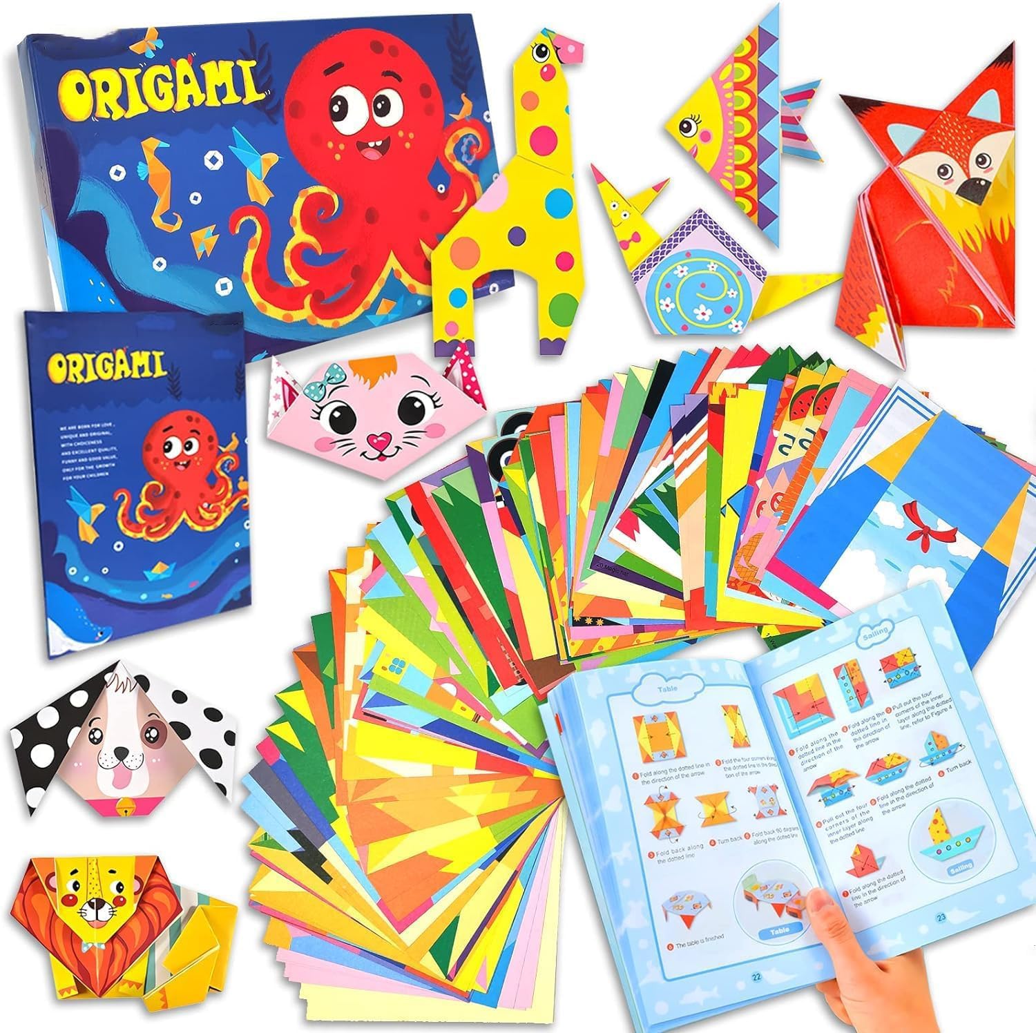 ChicAbode Kid Origami Craft Kit, Double Sided Vivid Origami Paper, 8 Sheets Practice Papers, 70 Origami Projects, Instructional Origami Book, for Kids Adult Beginners Training Craft for Kids 6-12