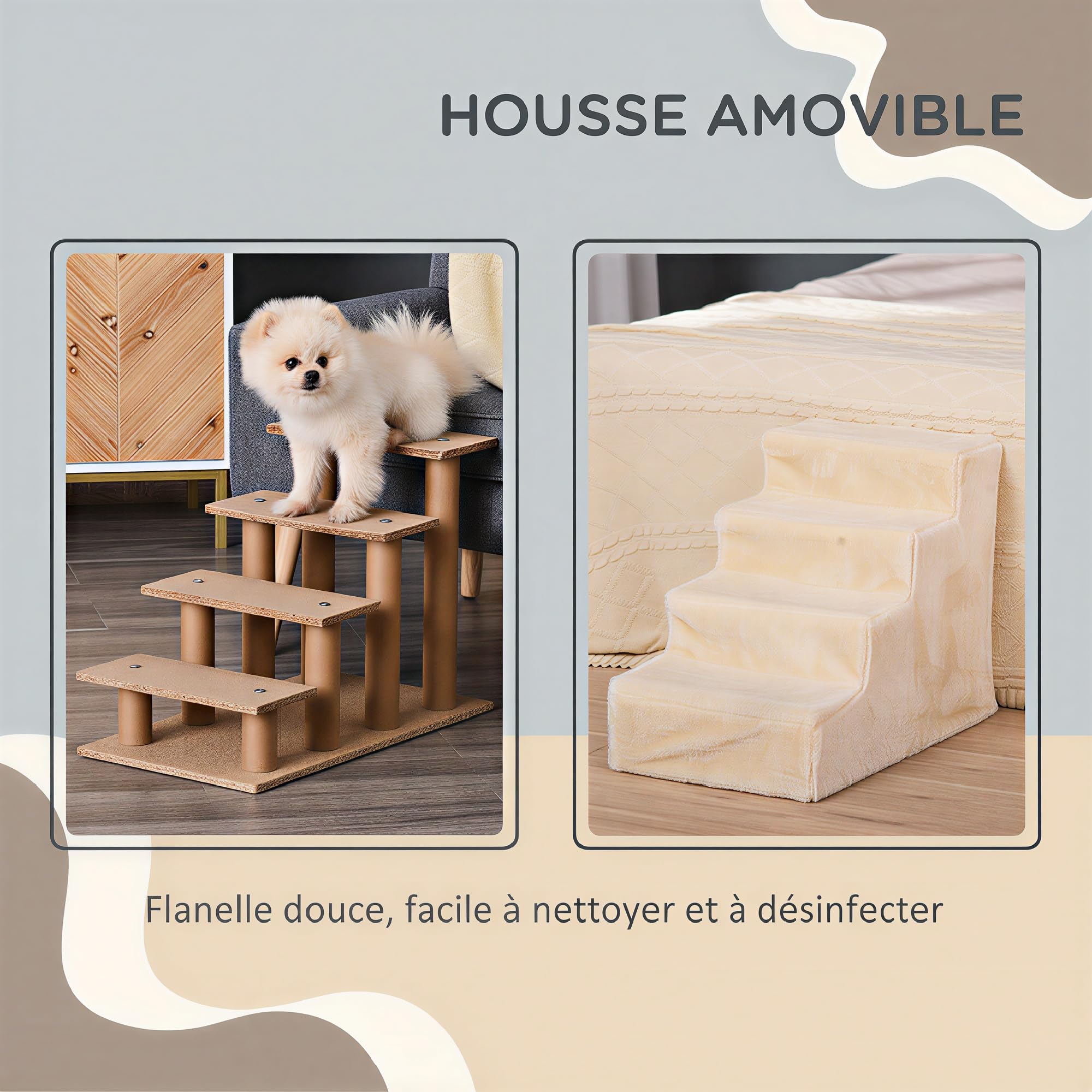 PawHut Escalier pour Chien à 4 Marches, Escalier pour Chat, Échelle Antidérapante pour Animaux de Compagnie, Housse Amovible et Lavable, 60 x 35 x 44 cm, Beige