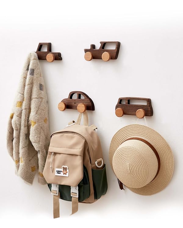 Vinoil Kids Coat Hooks Wall Mount, Walnut Car-Shaped Coat Rack Heavy Duty for Bathrooms,Kids’ Room,Door,Nursery,Entryway, 4 Pack Wood Wall Hooks for Hanging Hats,Backpacks,Towels,Keys&Clothes by Vinoil - Used condition - Image 2