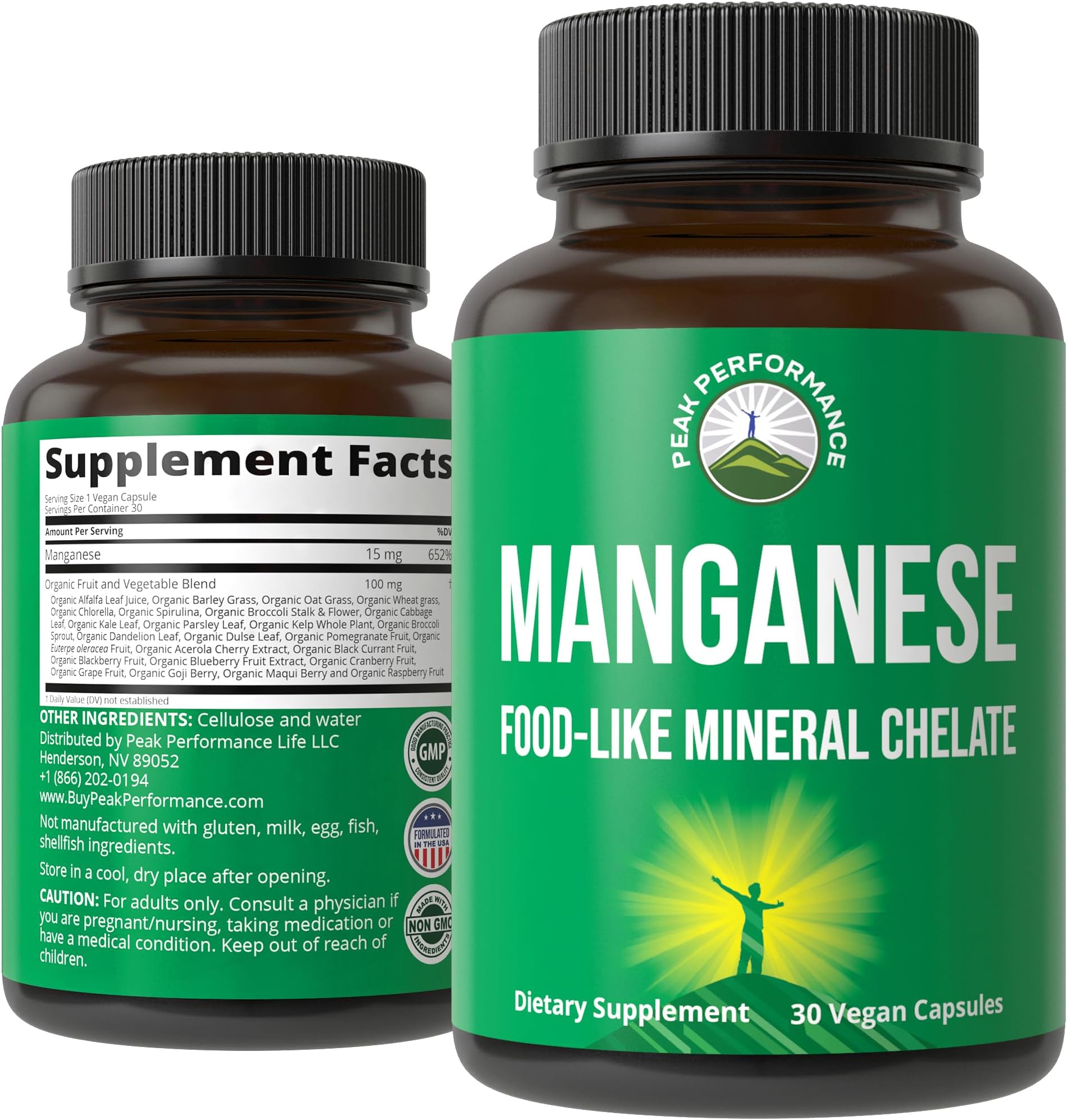 Manganese Supplement Food Like Mineral Chelated for Superior Absorption with Whole Food Blend of 25+ Fruits & Vegetables. Pure Trace Mineral Capsules for Connective Tissue, Bone Health, Enzyme Support