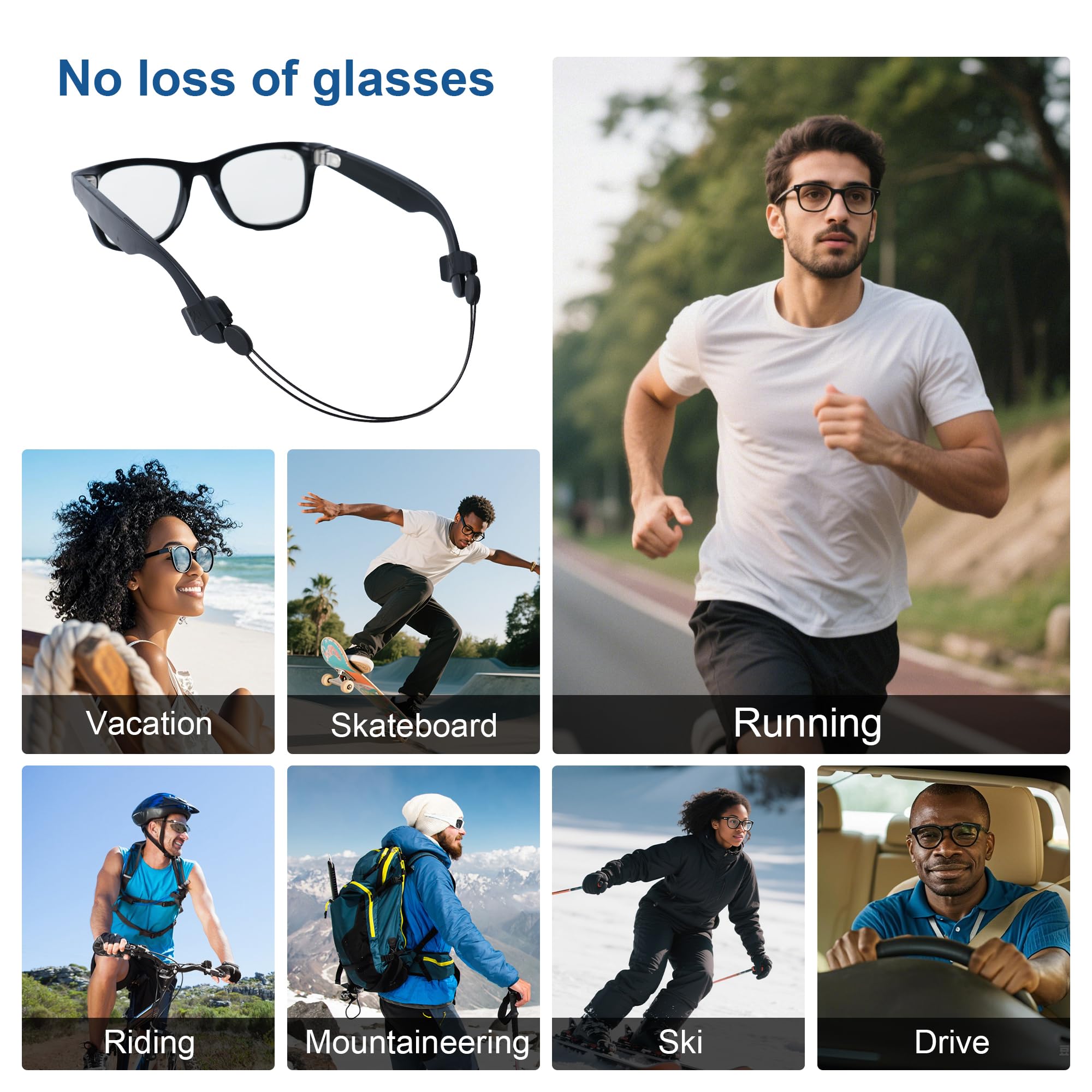 RCstyle HiBloks Regulowany pasek do okularów, kompatybilny z akcesoriami Ray-Ban Meta, bez ogona, uchwyt na sznurek do inteligentnych okularów (38 cm, czarny)