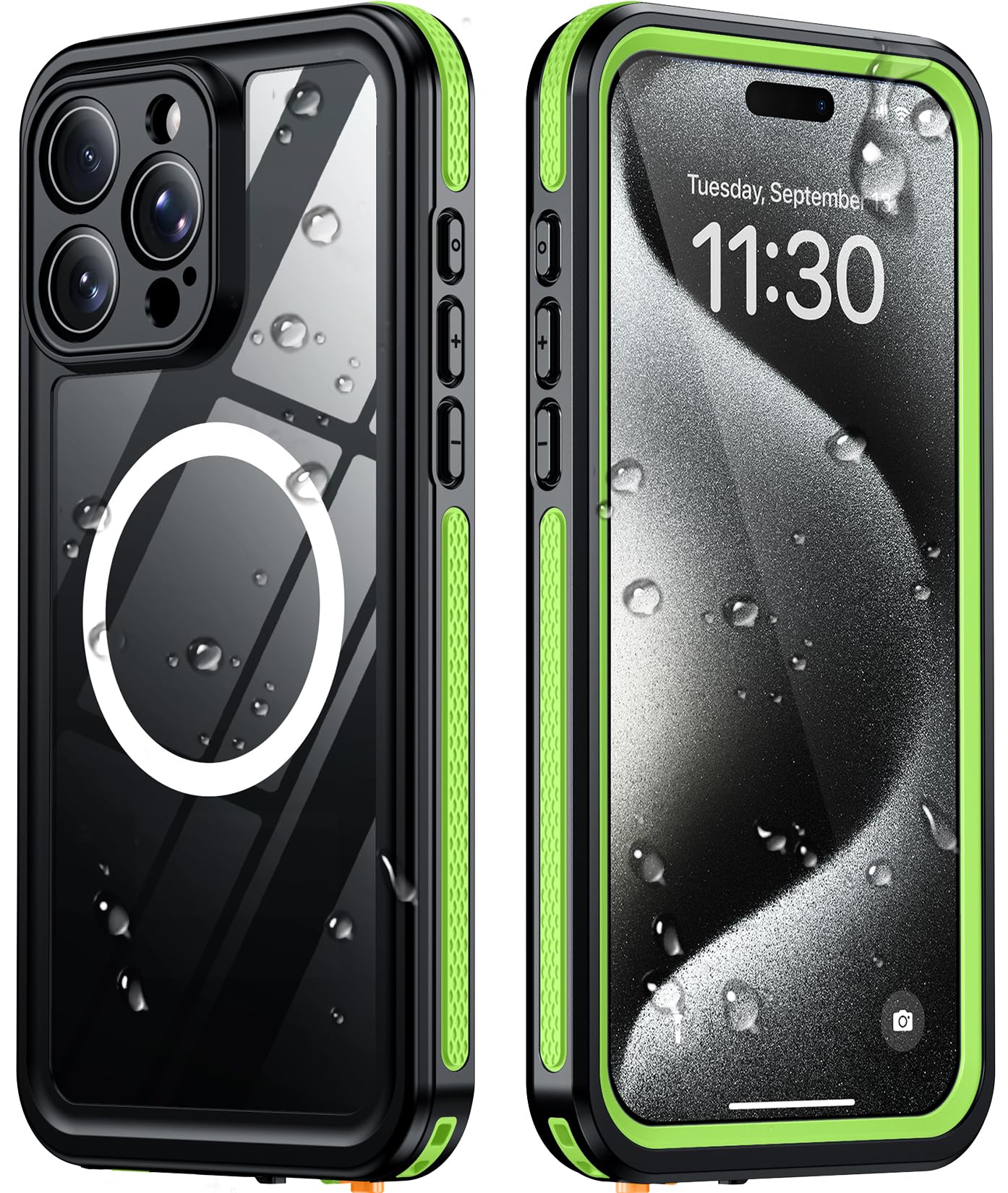 Temdan Designed for iPhone 15 Pro Case Waterproof, Green/Clear