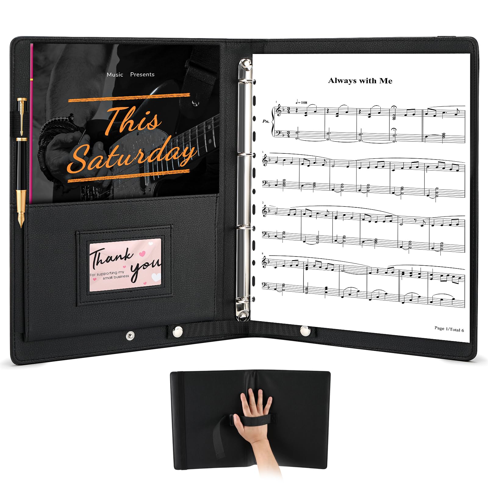 Carpeta de música, carpeta de partituras A4, de piel sintética con correa de mano, carpeta de piano con 30 bolsillos interiores, carpeta de partituras de musica coral