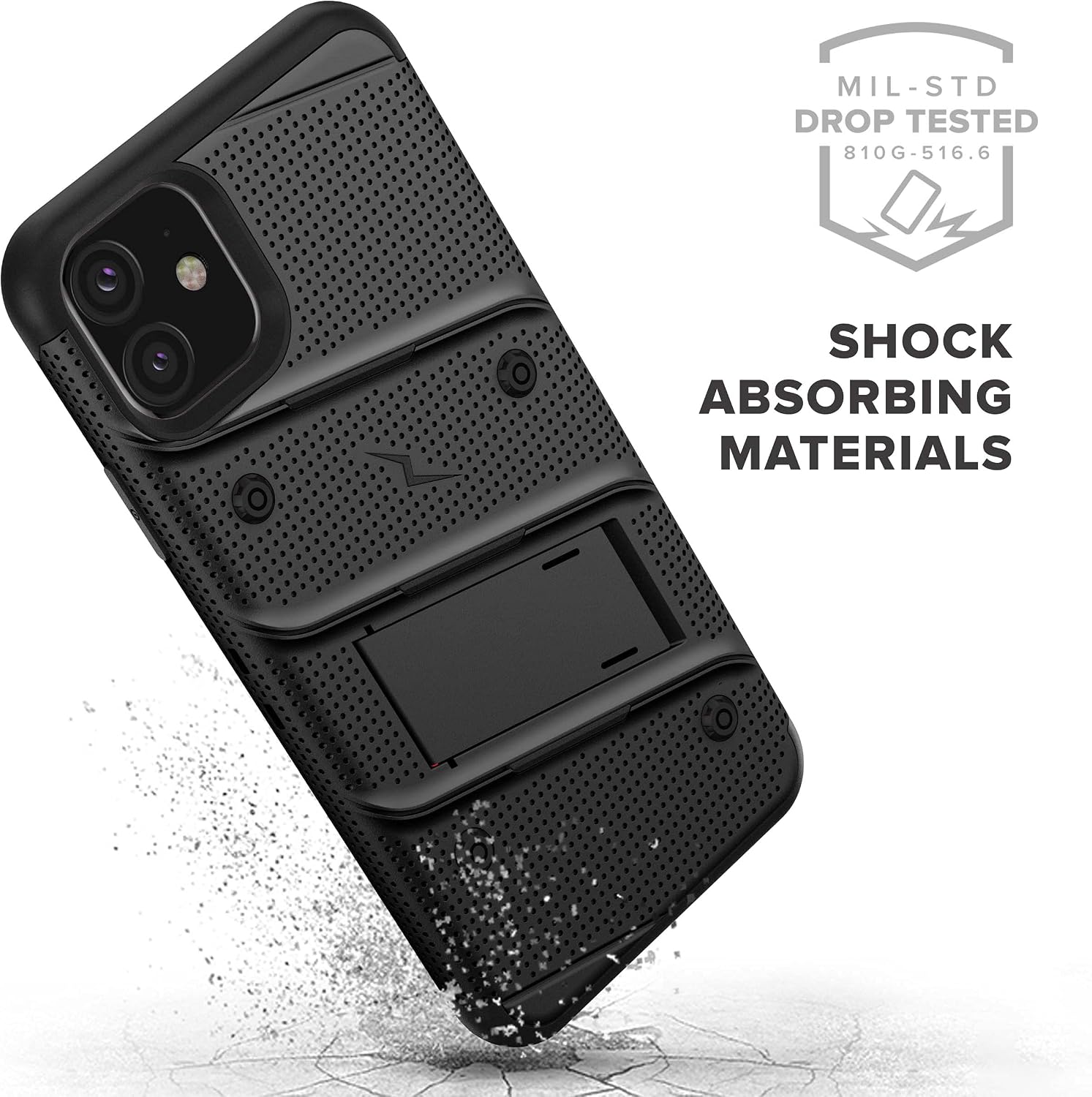 Zizo Bolt Cover - Case for iPhone 11 with Military Grade + Glass Screen Protector & Kickstand and Holster (Black