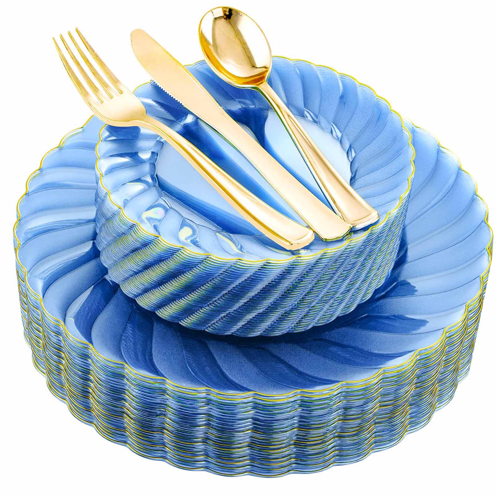 YOUBET 125PCS Clear Blue Gold Plastic Plates - Blue Disposable Plates With Gold Rim Include 25 Dinner Plates 25 Dessert Plates 75 Golden Silverwares for Wedding Birthday &amp; Parties