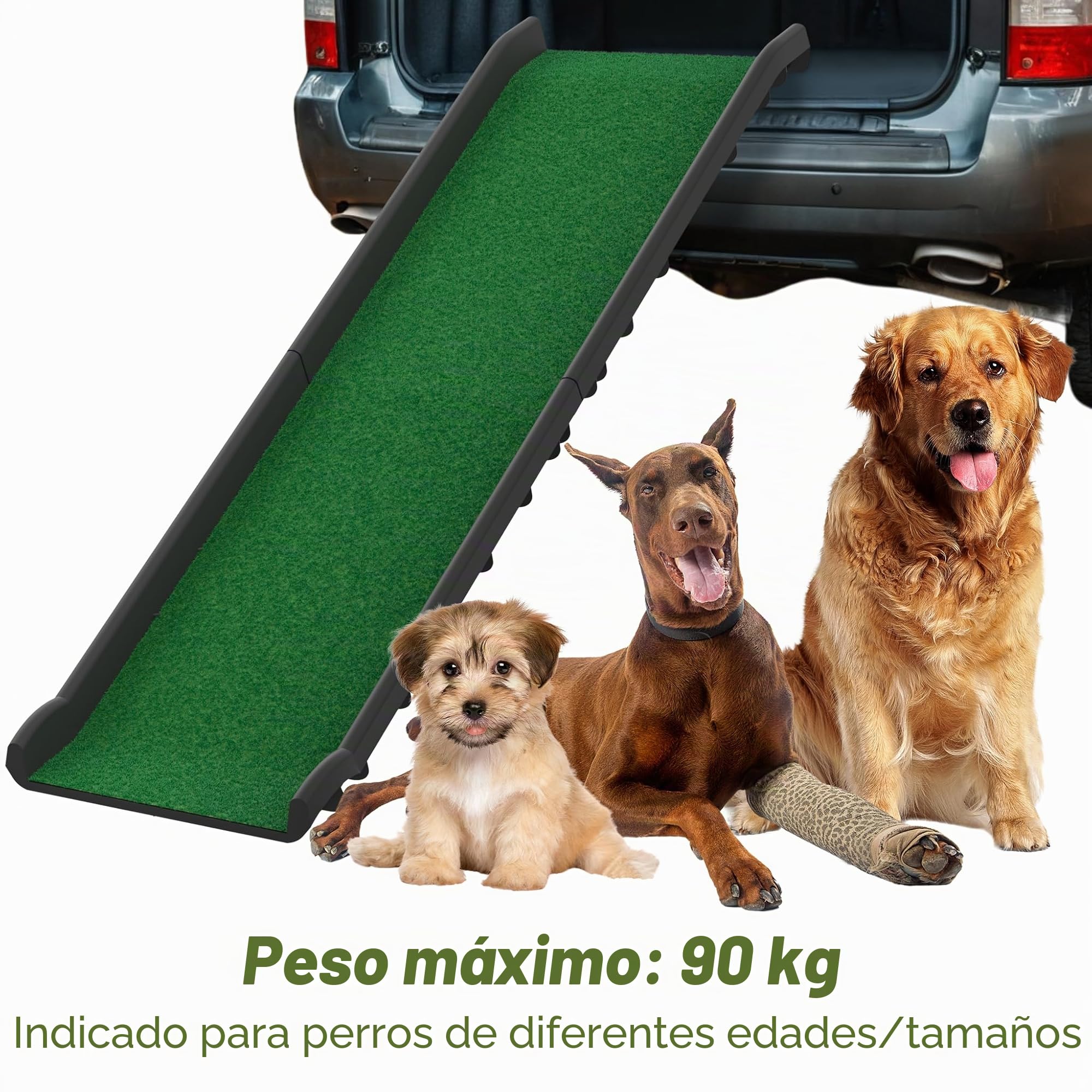 UISEBRT Rampa para perros con césped artificial, plegable para coche, escaleras para perros, rampa para maletero para mascotas, antideslizante, resistente, hasta 90 kg, 156 x 40 cm, verde