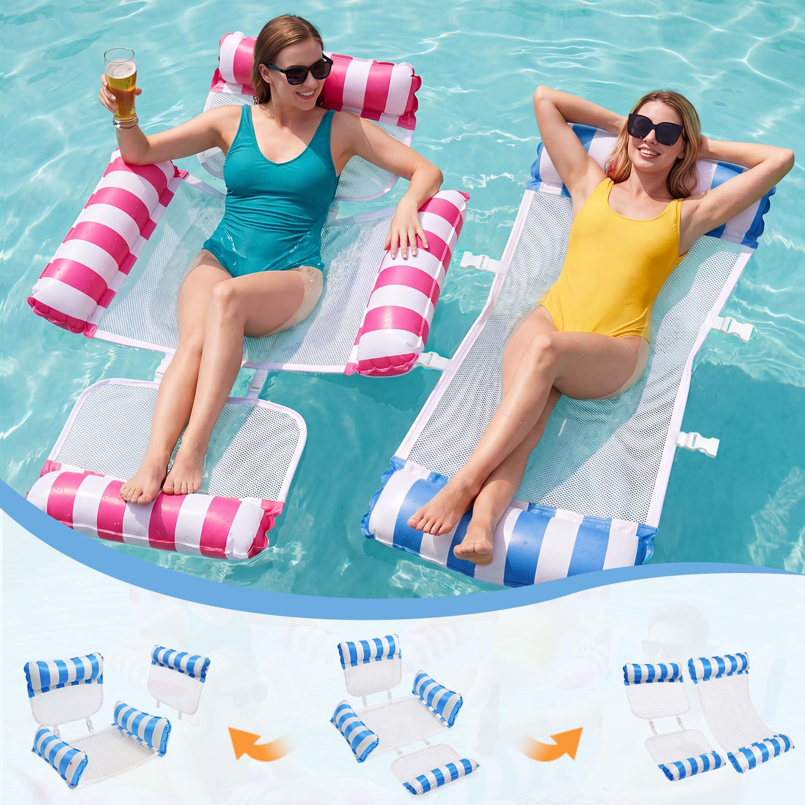 IEEILULU 2 Pezzi Amaca Galleggiante per Piscina, 5-in-1Amaca Gonfiabile con Rete, Sedia Gonfiabile Piscina con 4 Camere D'aria per Adulti, Ideale per Viaggi, Giardino, Estate, Spiaggia, Vacanze