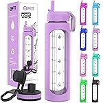 FIT Strong & Healthy 32 oz Glass Water Bottle with Straw Lid, Wide Mouth Borosilicate Glass Water Bottles with Time Marker, Silicone Sleeve & Extra Lid, 1L Large Motivational Drinking Bottle, Lavender